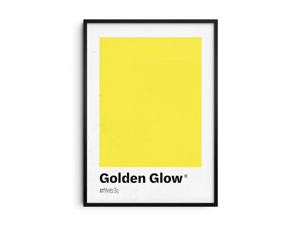 Minimalist yellow color swatch poster featuring the unique shade "Golden Glow" with its hexadecimal code #ffeb3c. This modern art print is ideal for adding a sophisticated and vibrant touch to contemporary interiors, kitchens, or gallery walls.