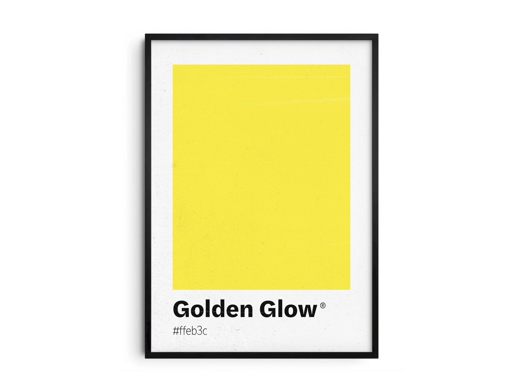 Minimalist yellow color swatch poster featuring the unique shade "Golden Glow" with its hexadecimal code #ffeb3c. This modern art print is ideal for adding a sophisticated and vibrant touch to contemporary interiors, kitchens, or gallery walls.