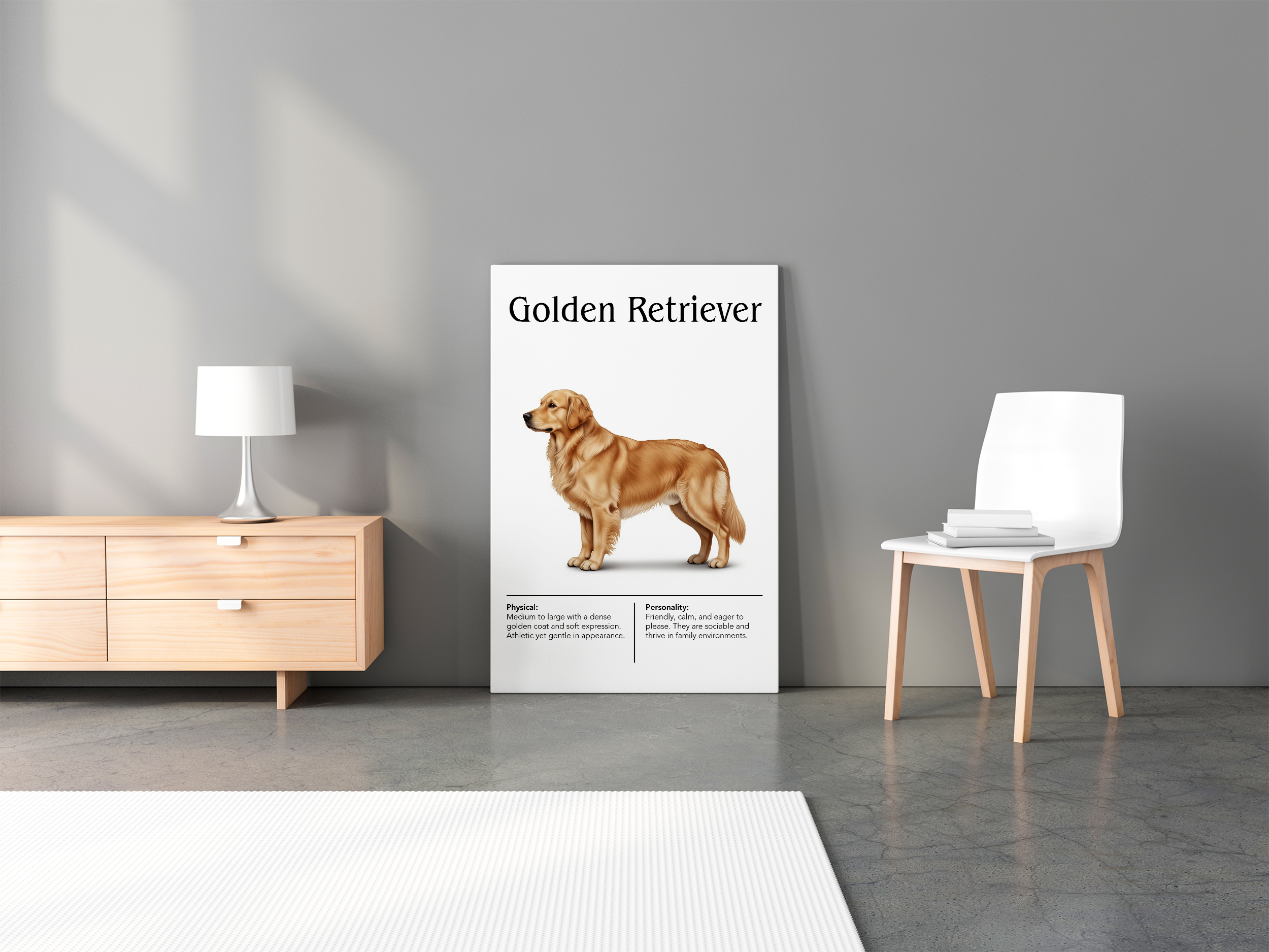 A large, frameless poster of a Golden Retriever leaning against a grey wall next to a light wood dresser and a white chair.