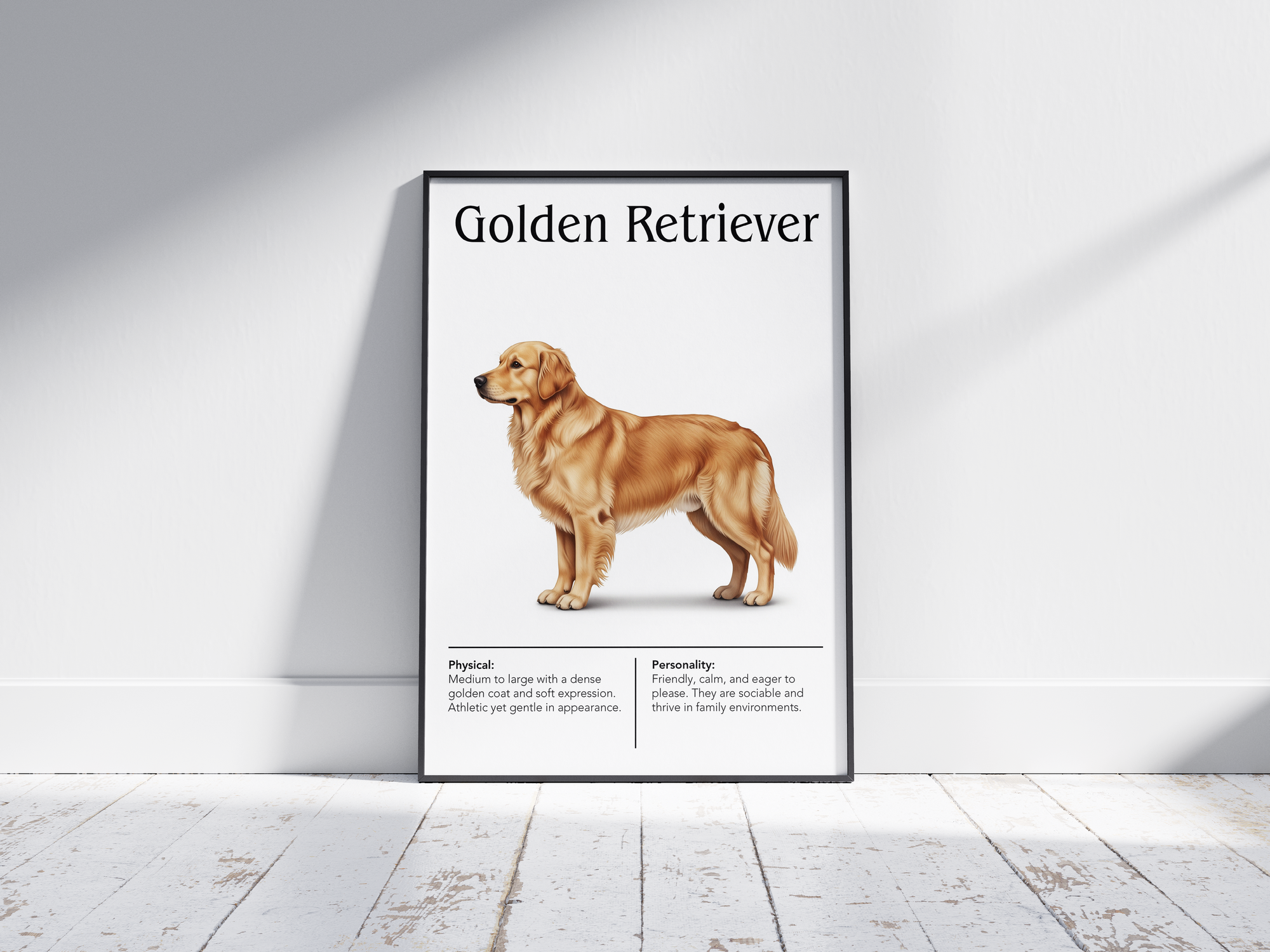 Detailed Golden Retriever dog breed poster showcasing its iconic coat and friendly, joyful personality traits, printed on semi-gloss sustainable paper. Perfect wall art for family rooms, living rooms, or modern interiors with a warm and inviting aesthetic.