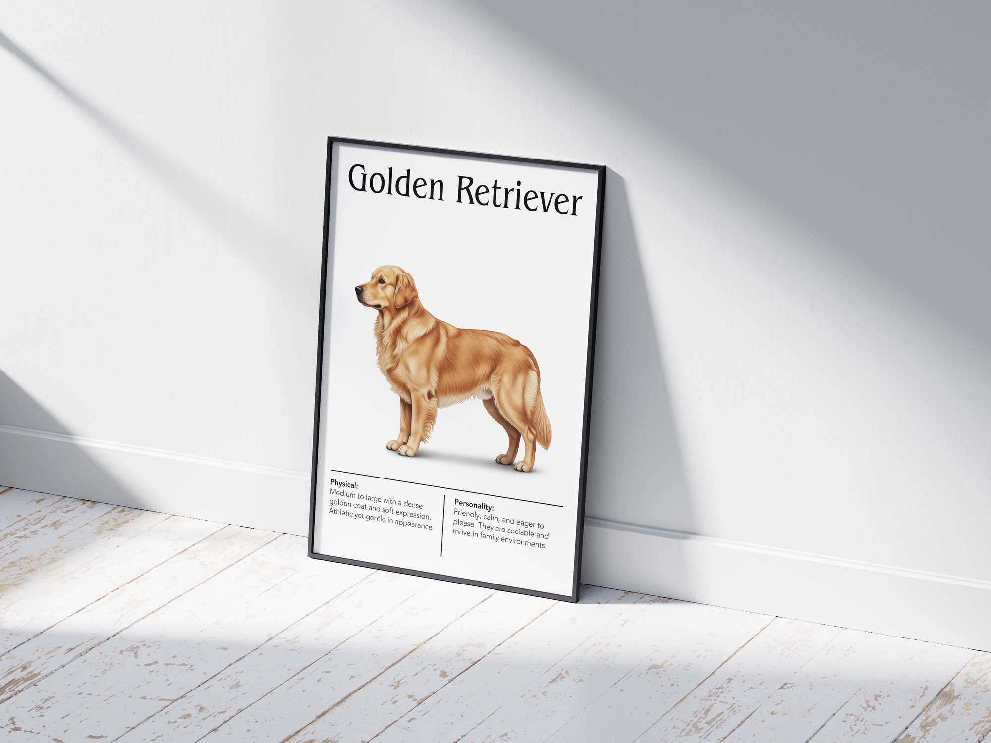 Detailed Golden Retriever dog breed poster showcasing its iconic coat and friendly, joyful personality traits, printed on semi-gloss sustainable paper. Perfect wall art for family rooms, living rooms, or modern interiors with a warm and inviting aesthetic.