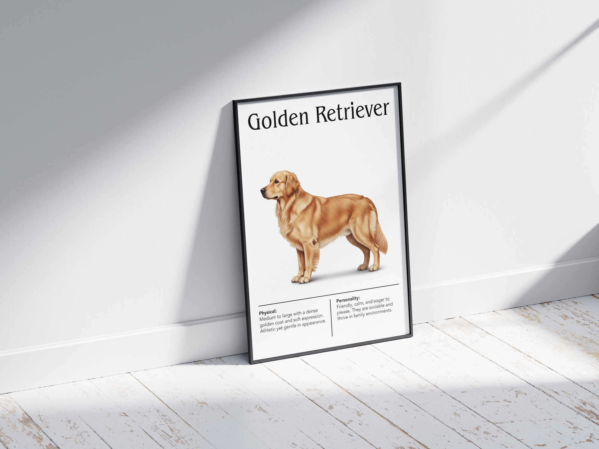 Detailed Golden Retriever dog breed poster showcasing its iconic coat and friendly, joyful personality traits, printed on semi-gloss sustainable paper. Perfect wall art for family rooms, living rooms, or modern interiors with a warm and inviting aesthetic.