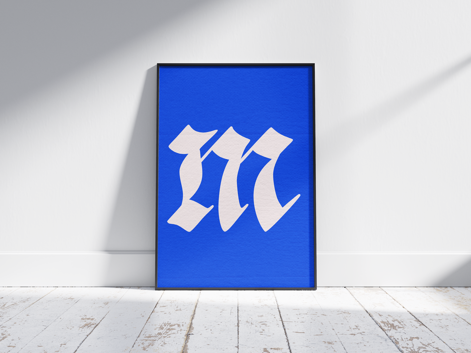 Dramatic and elegant Gothic calligraphy alphabet letter M poster, featuring a creamy white blackletter 'm' on a bright electric-blue background. Perfect wall art for libraries, sophisticated offices, or gallery walls with a vintage, historic, and bold aesthetic.