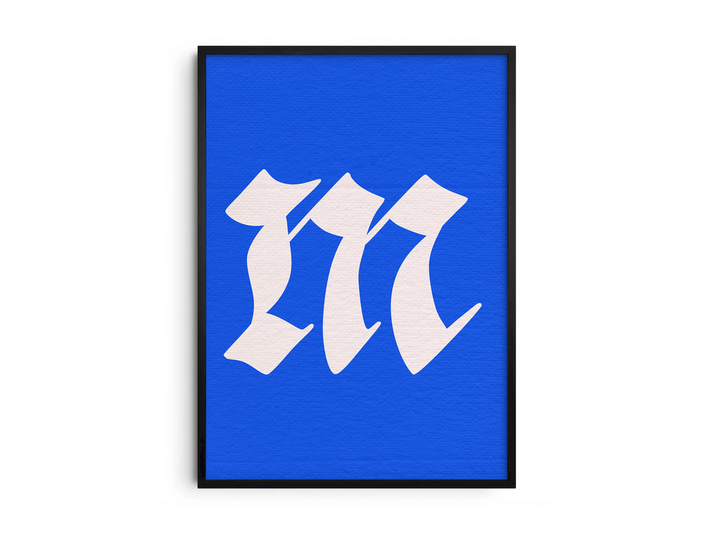 Dramatic and elegant Gothic calligraphy alphabet letter M poster, featuring a creamy white blackletter 'm' on a bright electric-blue background. Perfect wall art for libraries, sophisticated offices, or gallery walls with a vintage, historic, and bold aesthetic.