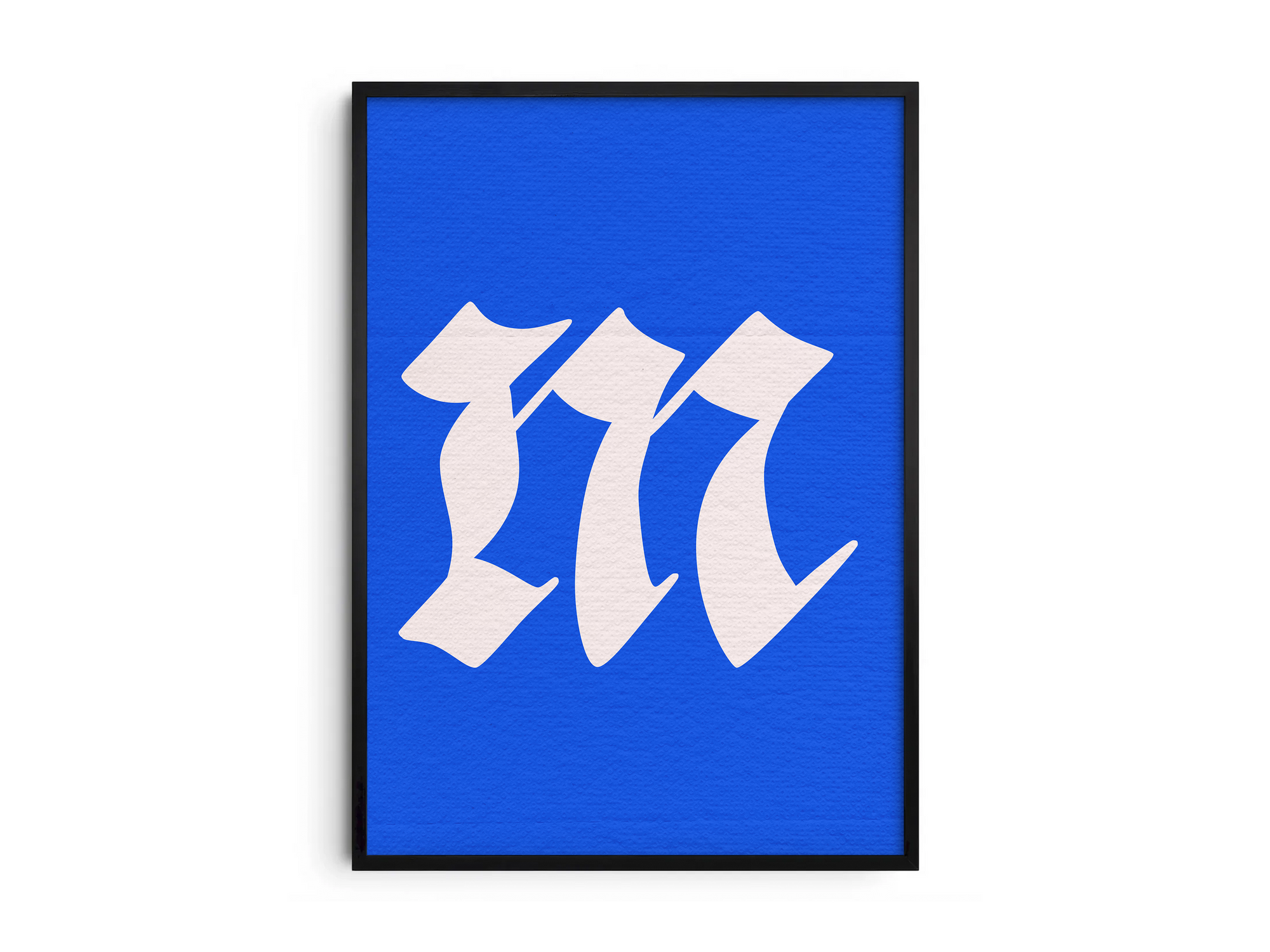 Dramatic and elegant Gothic calligraphy alphabet letter M poster, featuring a creamy white blackletter 'm' on a bright electric-blue background. Perfect wall art for libraries, sophisticated offices, or gallery walls with a vintage, historic, and bold aesthetic.