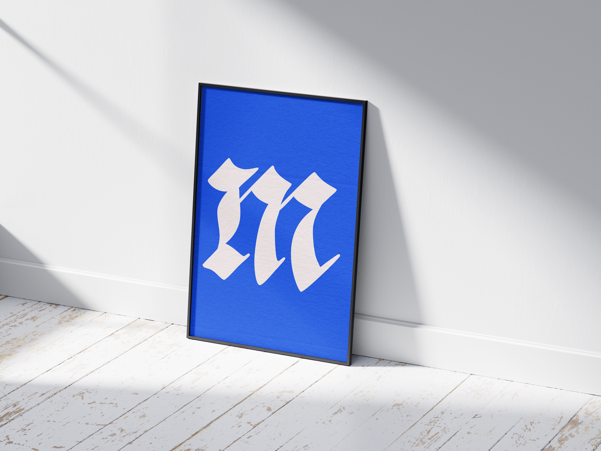 Dramatic and elegant Gothic calligraphy alphabet letter M poster, featuring a creamy white blackletter 'm' on a bright electric-blue background. Perfect wall art for libraries, sophisticated offices, or gallery walls with a vintage, historic, and bold aesthetic.