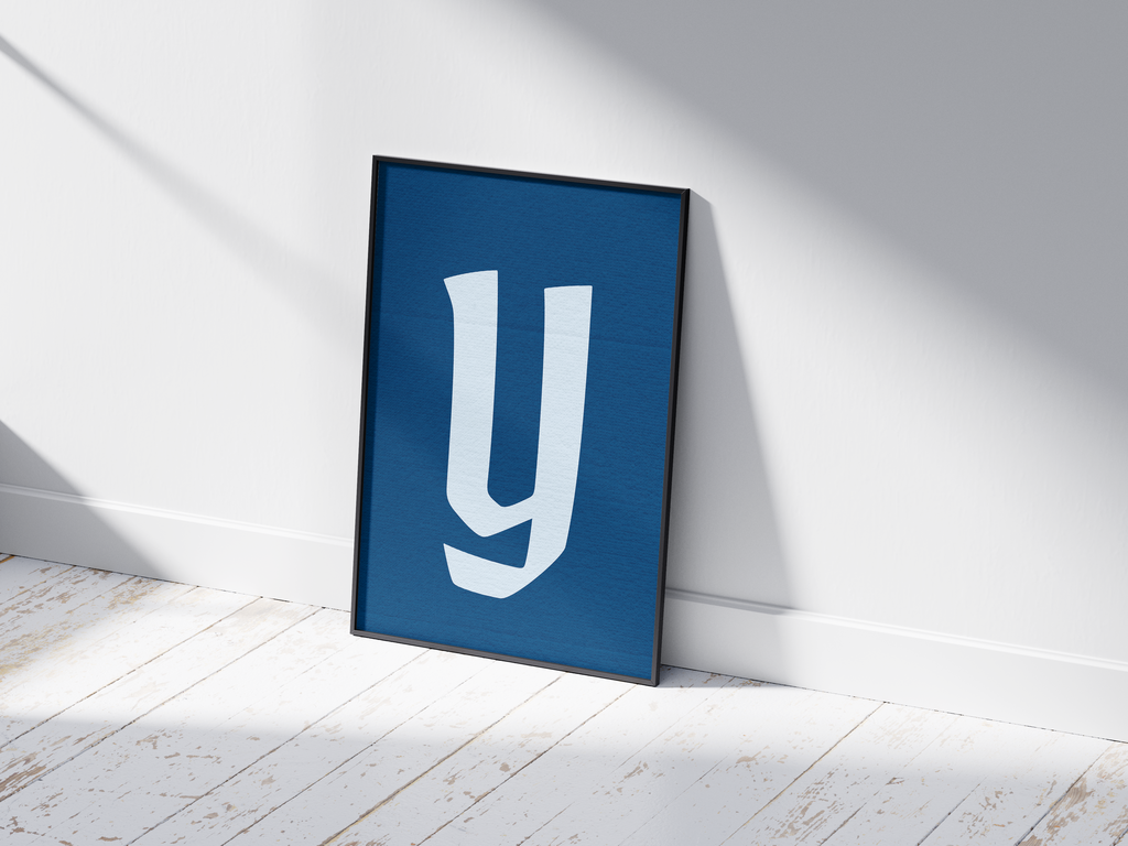Dramatic and elegant Gothic calligraphy alphabet letter Y poster, featuring a creamy white blackletter 'y' on a deep navy blue background. Perfect wall art for libraries, sophisticated offices, or gallery walls with a vintage, historic, and bold aesthetic.