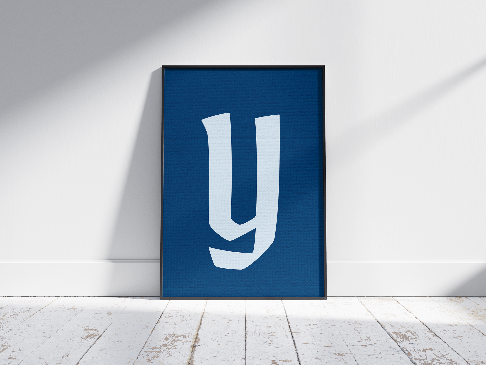 Dramatic and elegant Gothic calligraphy alphabet letter Y poster, featuring a creamy white blackletter 'y' on a deep navy blue background. Perfect wall art for libraries, sophisticated offices, or gallery walls with a vintage, historic, and bold aesthetic.