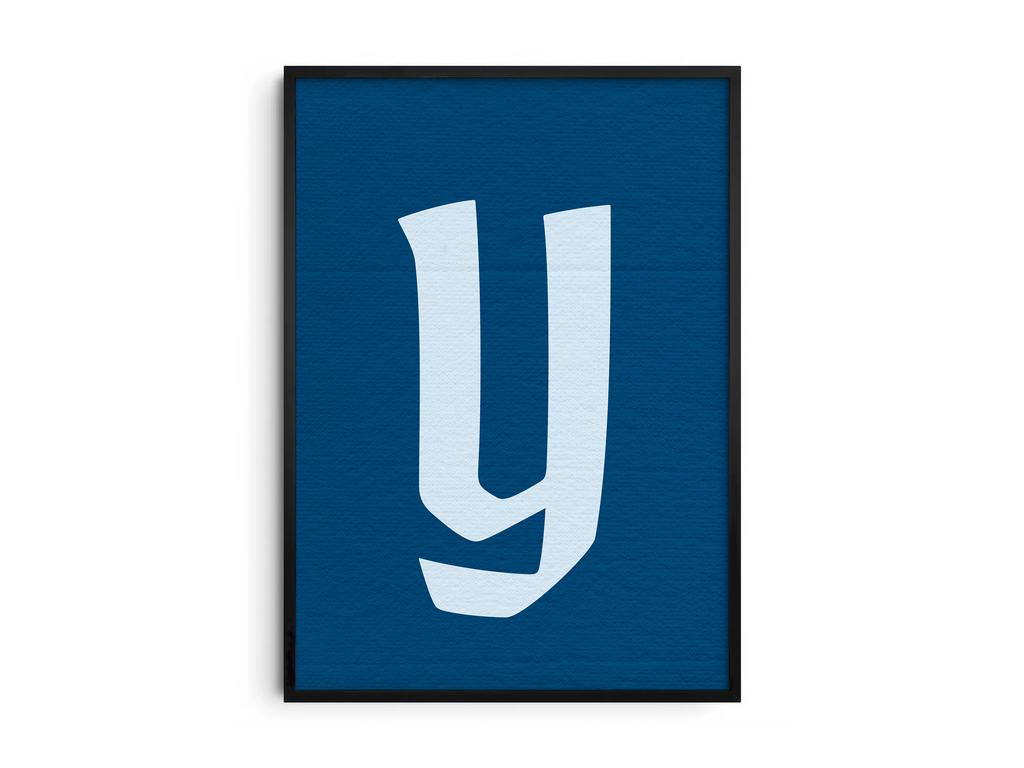 Dramatic and elegant Gothic calligraphy alphabet letter Y poster, featuring a creamy white blackletter 'y' on a deep navy blue background. Perfect wall art for libraries, sophisticated offices, or gallery walls with a vintage, historic, and bold aesthetic.