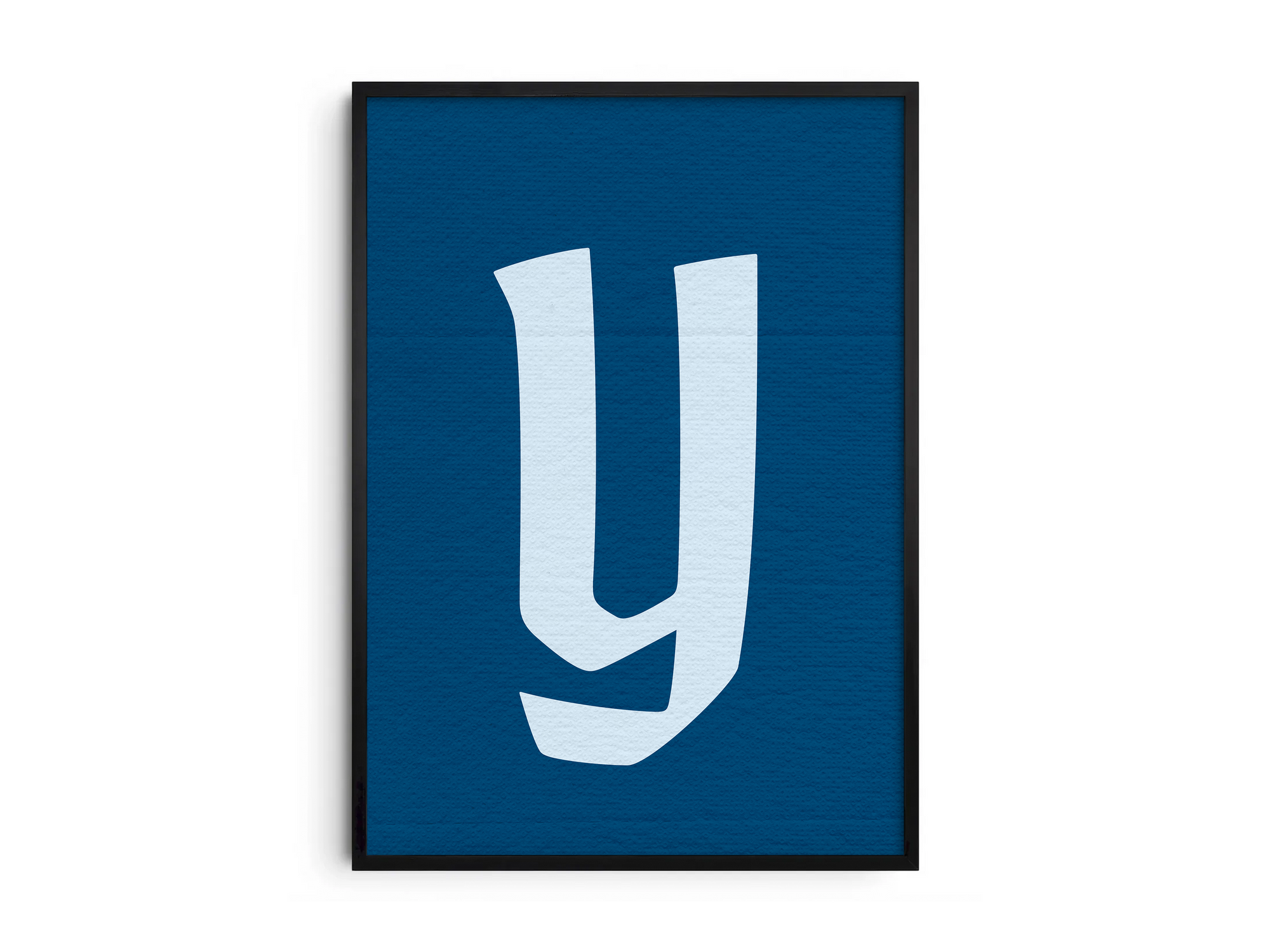 Dramatic and elegant Gothic calligraphy alphabet letter Y poster, featuring a creamy white blackletter 'y' on a deep navy blue background. Perfect wall art for libraries, sophisticated offices, or gallery walls with a vintage, historic, and bold aesthetic.