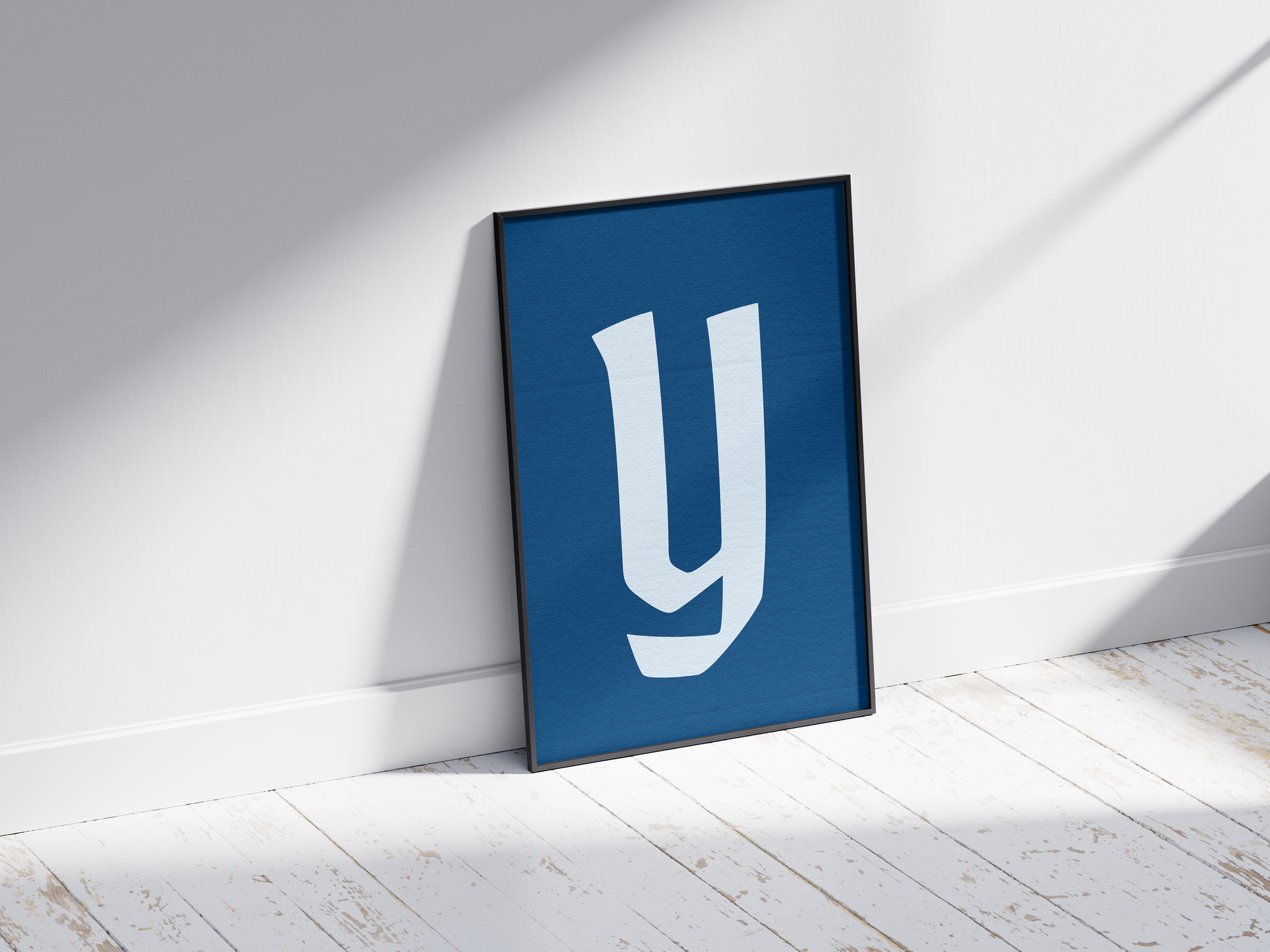 Dramatic and elegant Gothic calligraphy alphabet letter Y poster, featuring a creamy white blackletter 'y' on a deep navy blue background. Perfect wall art for libraries, sophisticated offices, or gallery walls with a vintage, historic, and bold aesthetic.