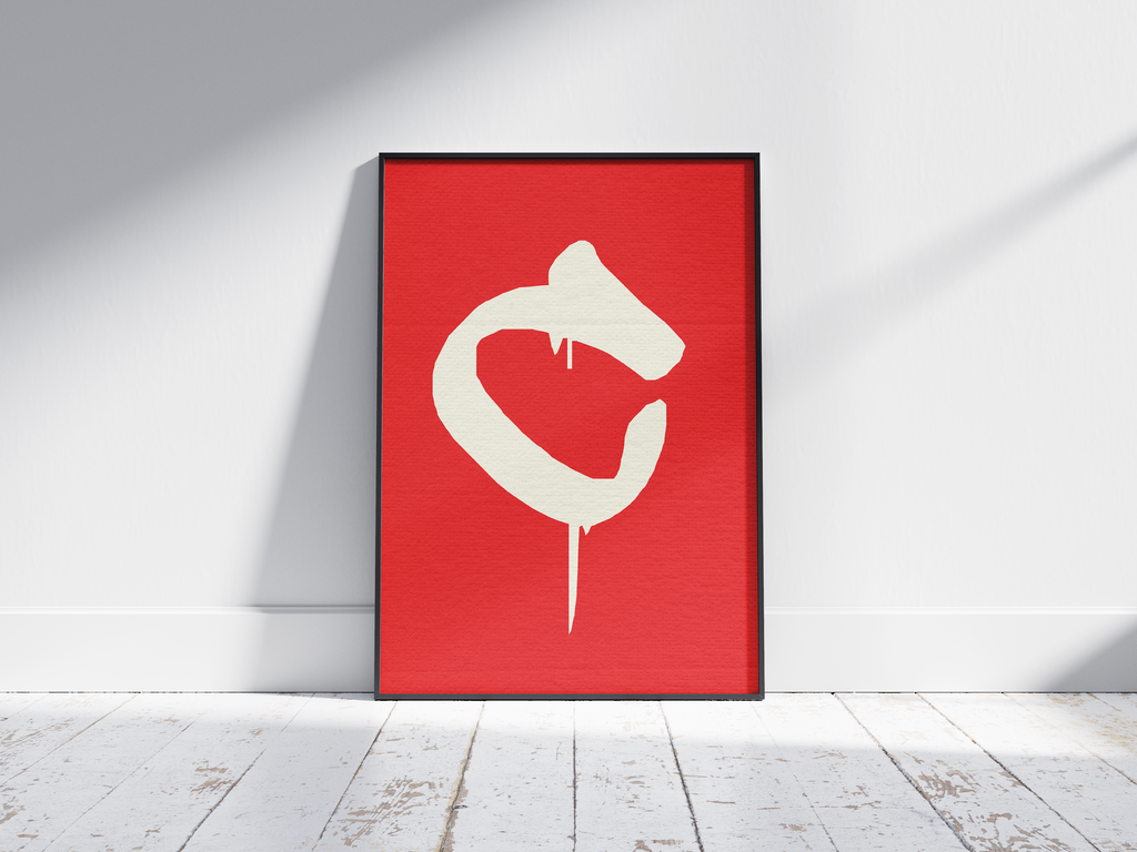 Edgy and dynamic graffiti style alphabet letter C poster, featuring a dripping off-white 'C' on a brick-red background. Perfect urban wall art for lofts, creative studios, or spaces with a bold, contemporary street art aesthetic.