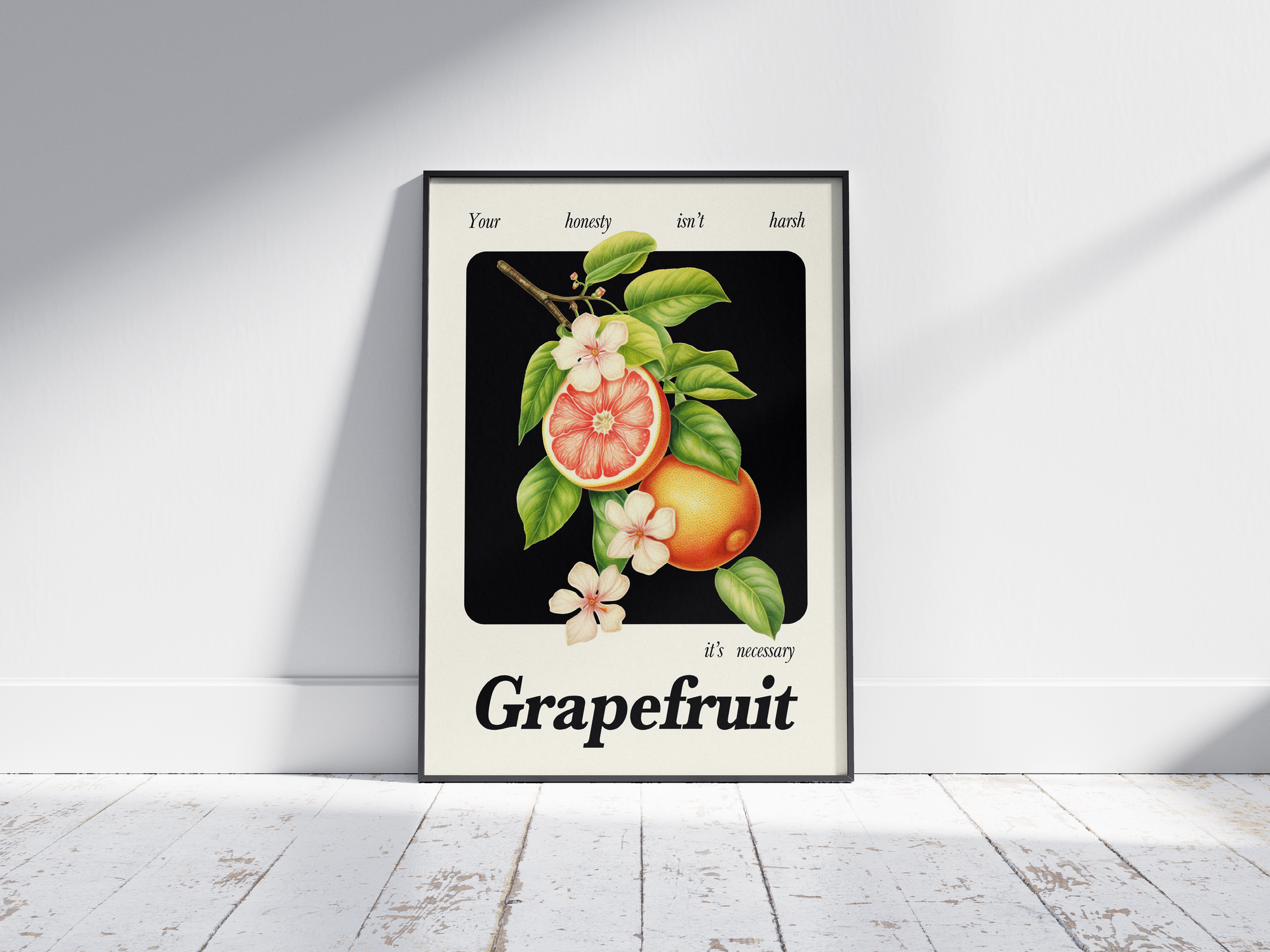 Minimalist botanical grapefruit poster featuring a detailed fruit illustration and an empowering quote, printed on semi-gloss sustainable paper. Perfect wall art for kitchens, dining areas, or modern interiors with a bright and honest aesthetic.