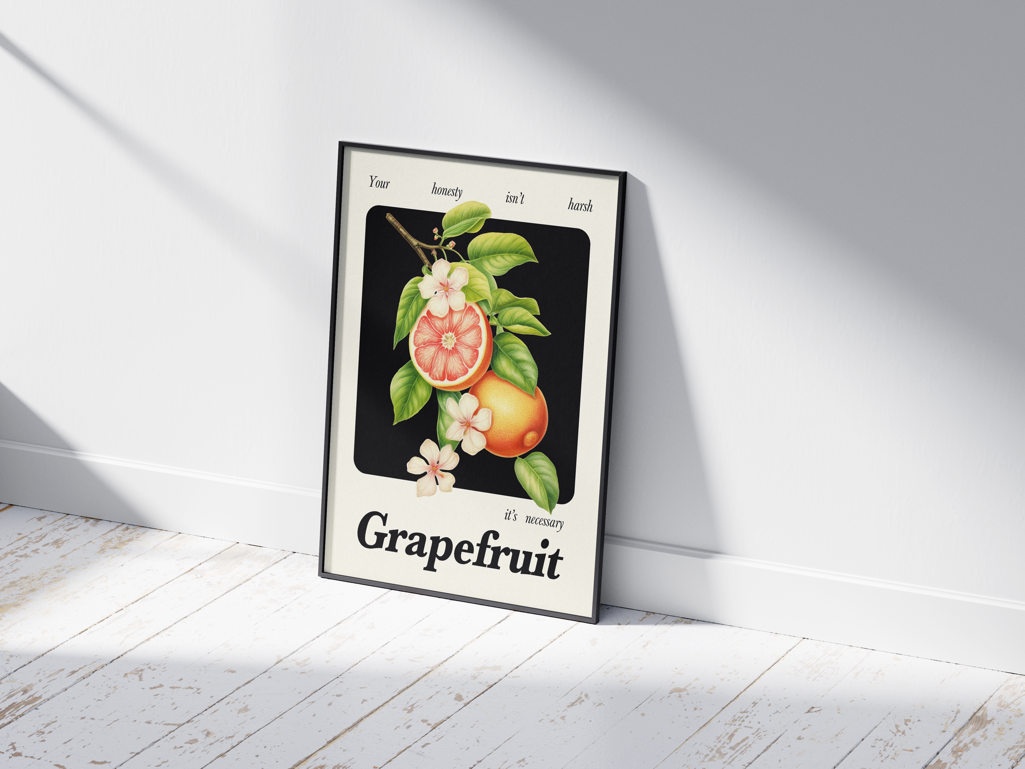 Minimalist botanical grapefruit poster featuring a detailed fruit illustration and an empowering quote, printed on semi-gloss sustainable paper. Perfect wall art for kitchens, dining areas, or modern interiors with a bright and honest aesthetic.
