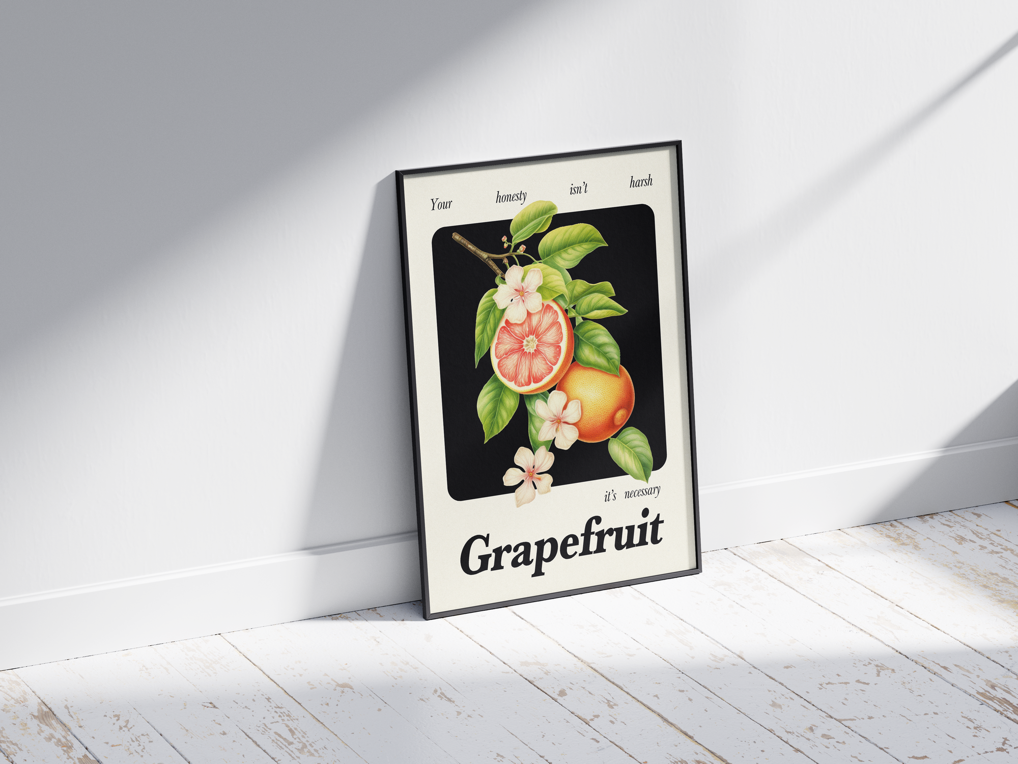 Minimalist botanical grapefruit poster featuring a detailed fruit illustration and an empowering quote, printed on semi-gloss sustainable paper. Perfect wall art for kitchens, dining areas, or modern interiors with a bright and honest aesthetic.