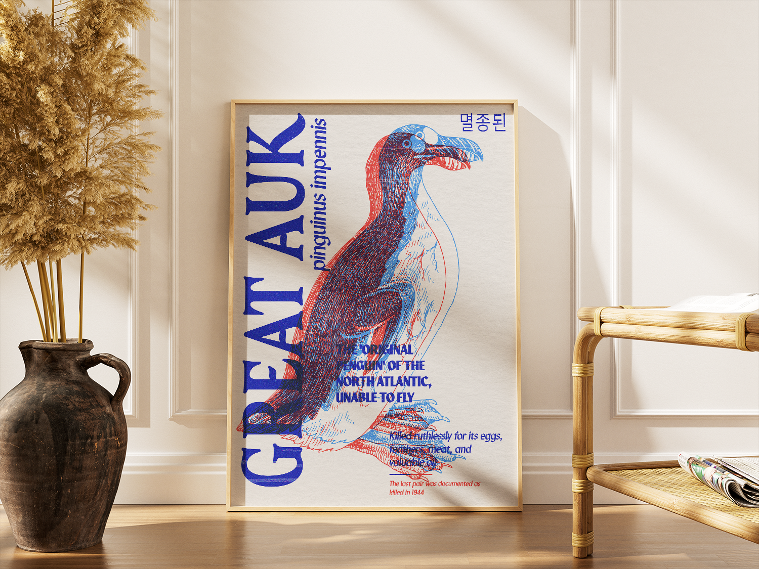 A large, framed poster of the Great Auk, Pinguinus impennis, illustrated with a red and blue anaglyph effect, leaning against a wall next to a tall, dark vase with dry pampas grass and a wicker chair. The text describes it as "THE ORIGINAL PENGUIN OF THE NORTH ATLANTIC, UNABLE TO FLY."