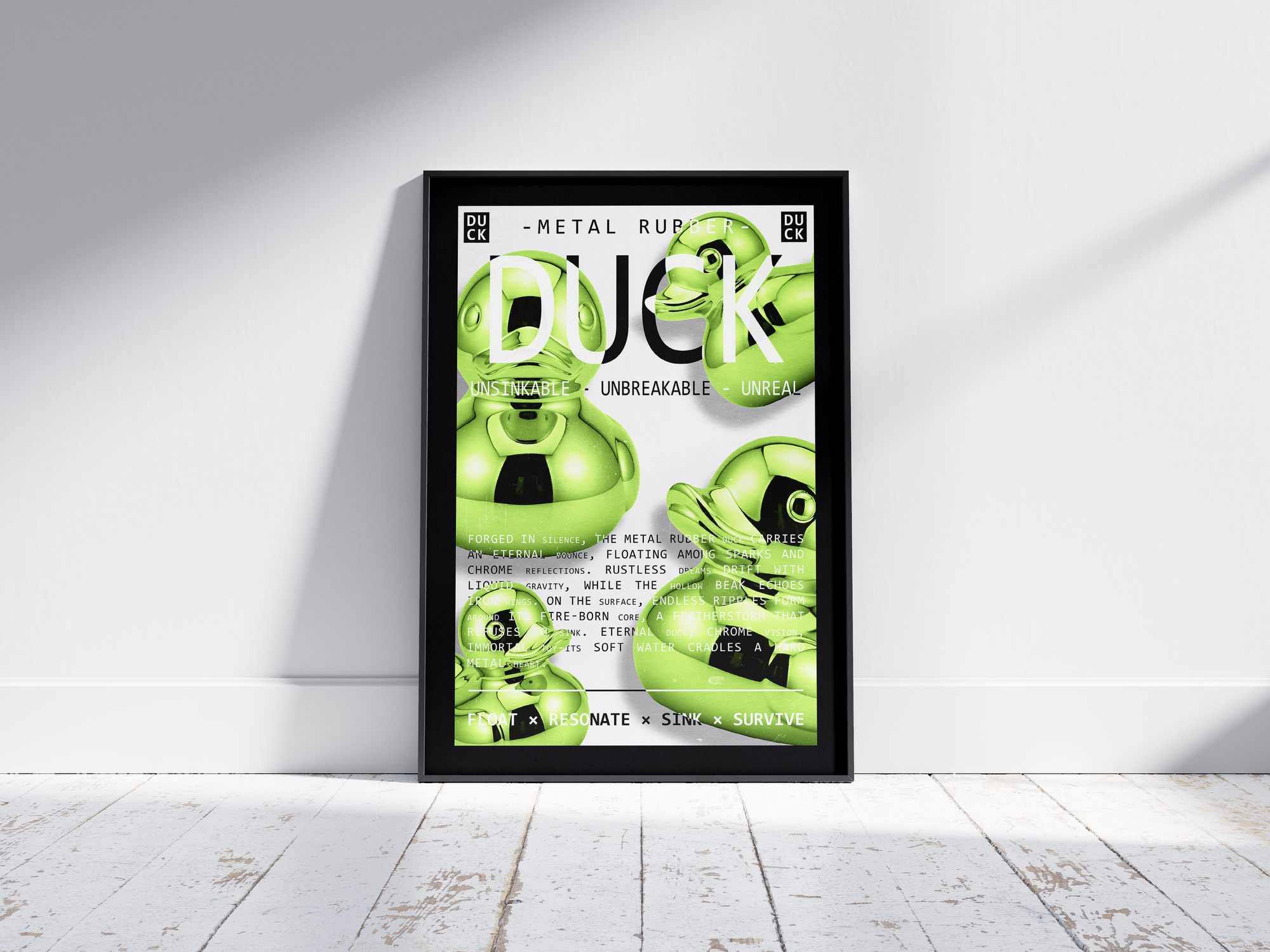 Vibrant metallic rubber duck poster featuring a glossy and reflective illustration in various colors. This modern pop art print is perfect for adding a bold and playful statement to living rooms, offices, or minimalist interiors.