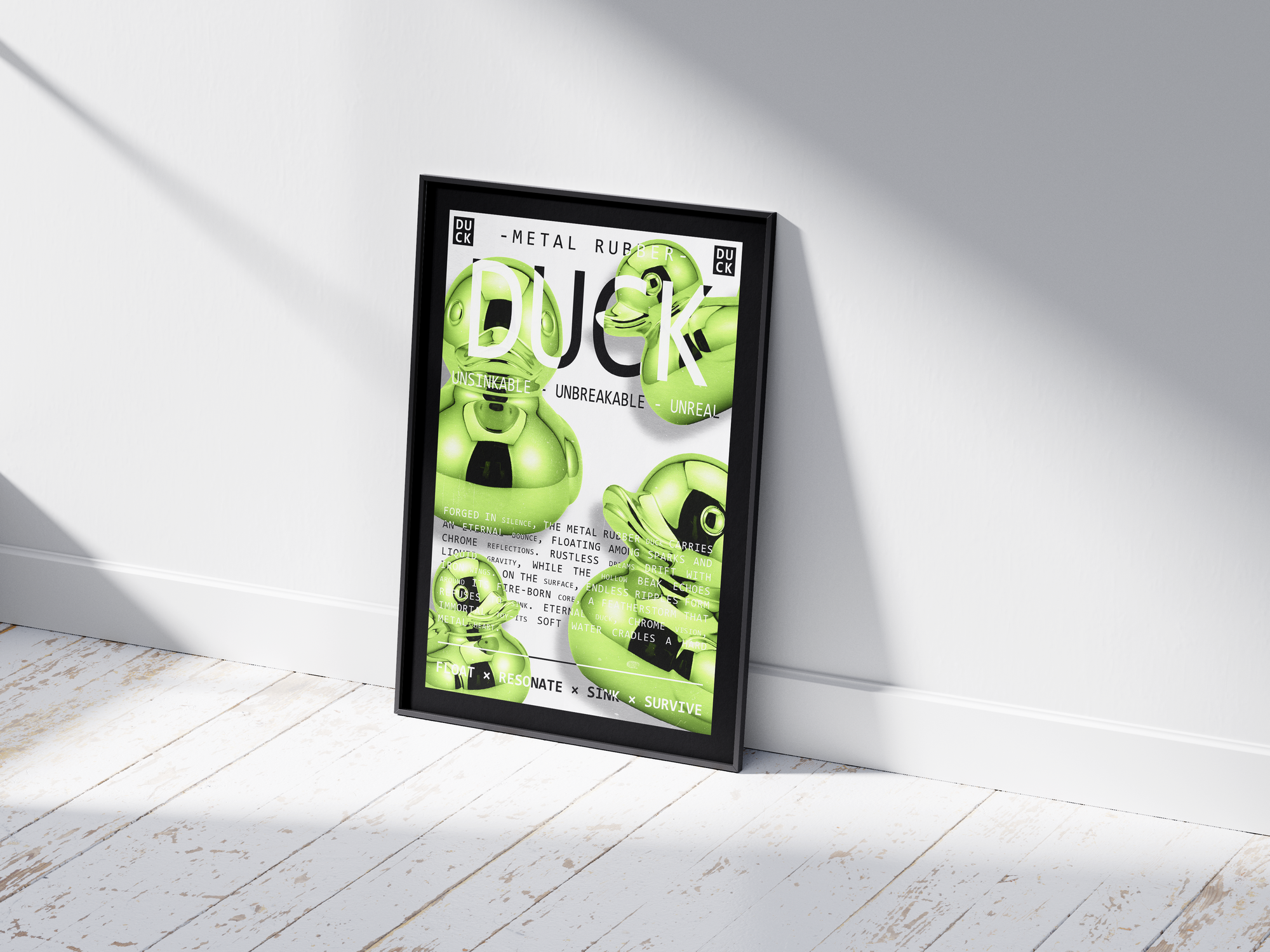 Vibrant metallic rubber duck poster featuring a glossy and reflective illustration in various colors. This modern pop art print is perfect for adding a bold and playful statement to living rooms, offices, or minimalist interiors.
