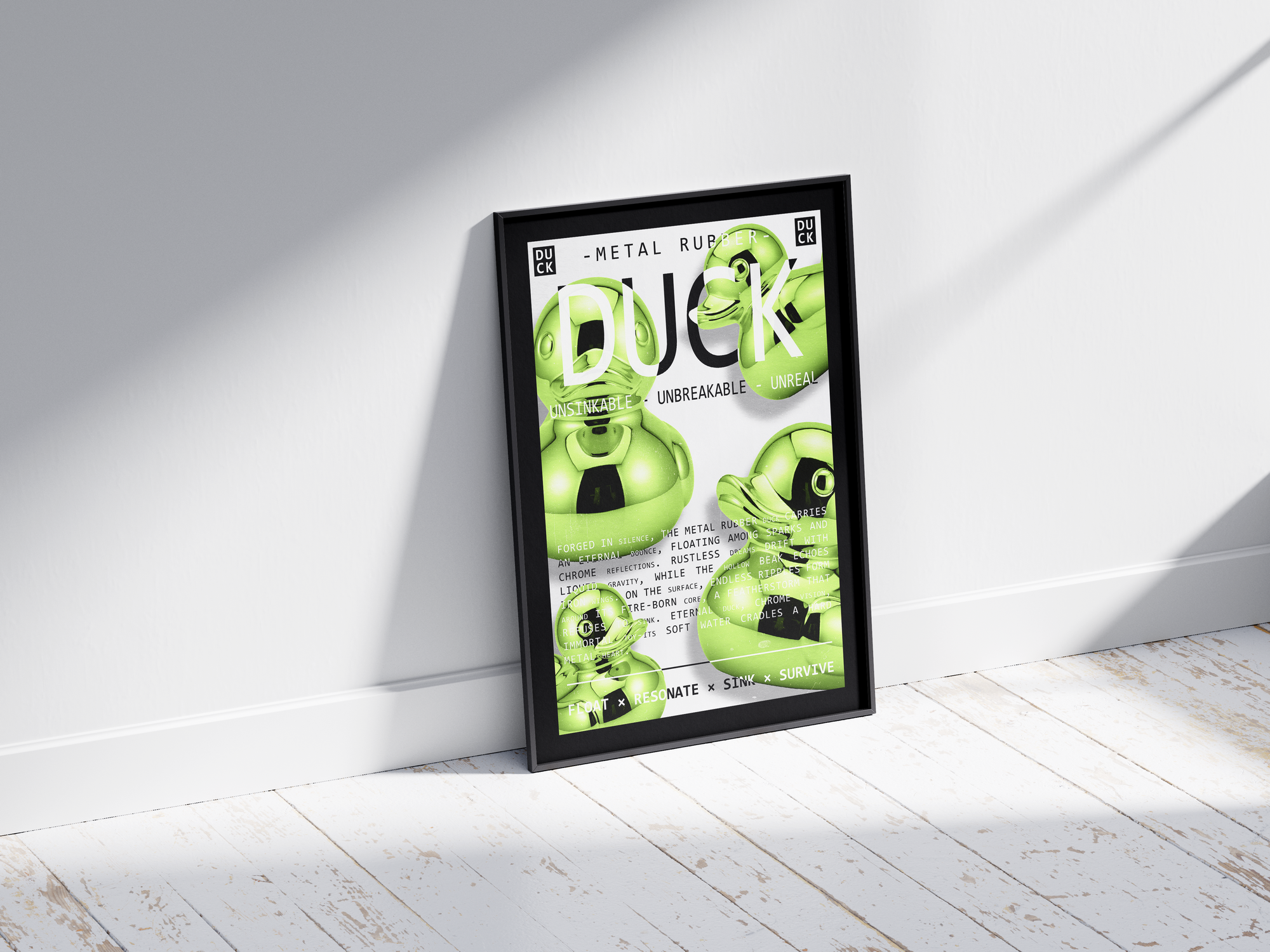 Vibrant metallic rubber duck poster featuring a glossy and reflective illustration in various colors. This modern pop art print is perfect for adding a bold and playful statement to living rooms, offices, or minimalist interiors.