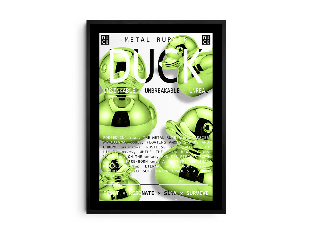 Vibrant metallic rubber duck poster featuring a glossy and reflective illustration in various colors. This modern pop art print is perfect for adding a bold and playful statement to living rooms, offices, or minimalist interiors.