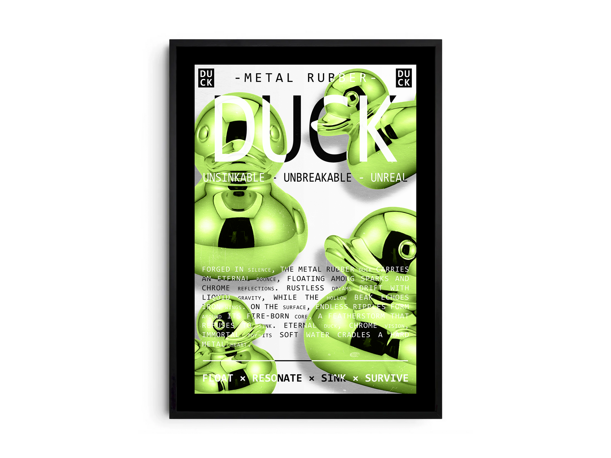 Vibrant metallic rubber duck poster featuring a glossy and reflective illustration in various colors. This modern pop art print is perfect for adding a bold and playful statement to living rooms, offices, or minimalist interiors.