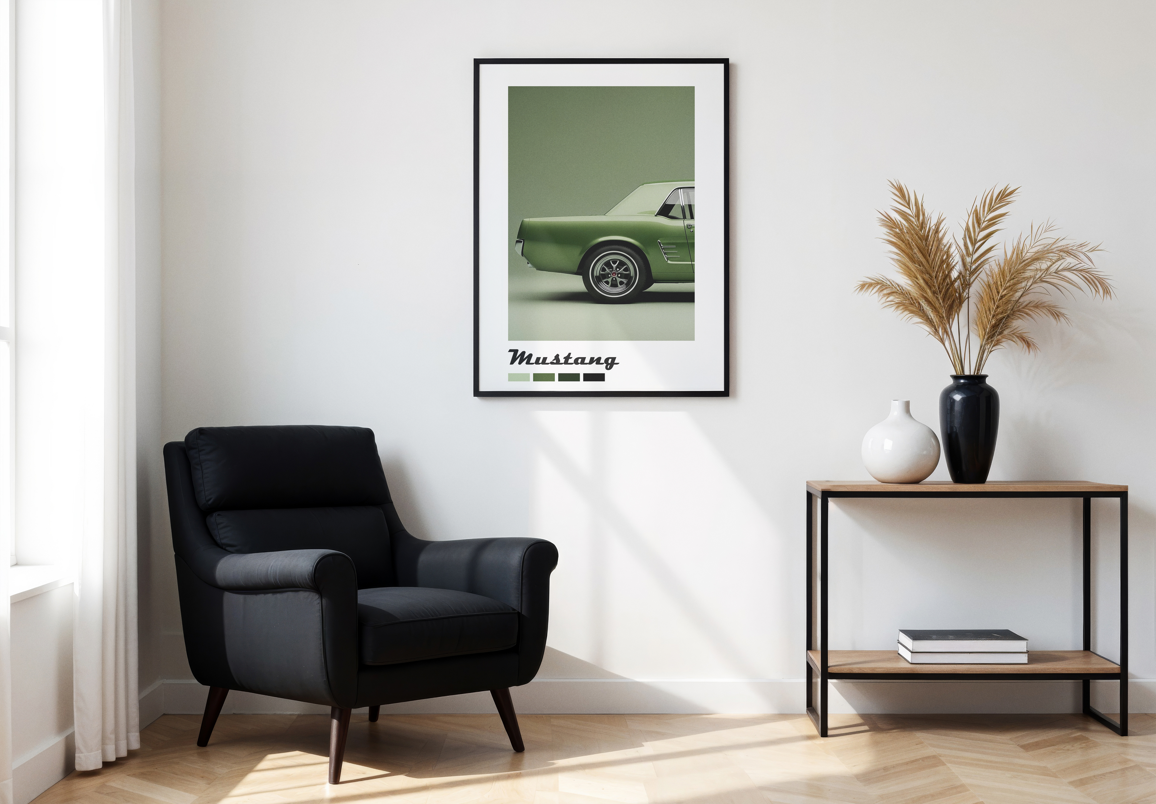A large black-framed poster featuring the back end of a classic green Mustang car on a matching green background, hung above a black armchair and a small side table.