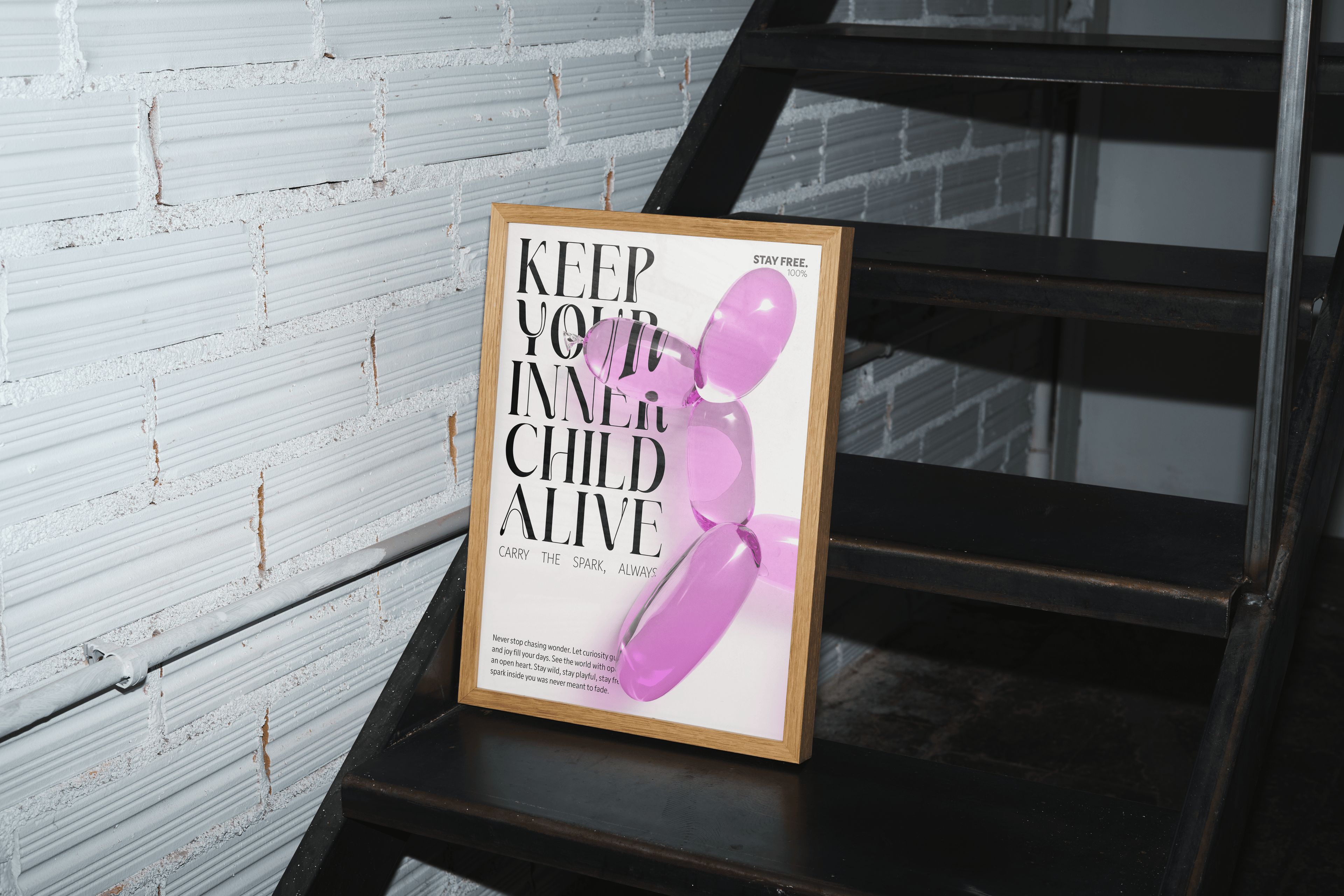 A framed art print with a light wooden frame is propped on a dark industrial-style metal staircase. The print features the text "KEEP YOUR INNER CHILD ALIVE" in large, bold black letters, with smaller text "CARRY THE SPARK, ALWAYS" below it. A vertical line of interconnected, translucent purple shapes runs down the right side of the print. In the background, to the left, a white brick wall is visible.