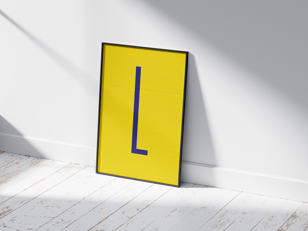 Bold and high-contrast alphabet letter L poster, featuring a dark electric blue 'L' on a vibrant sunflower yellow background. Perfect modern wall art for offices, living rooms, or gallery walls with a graphic, confident, and Pop-Art aesthetic.