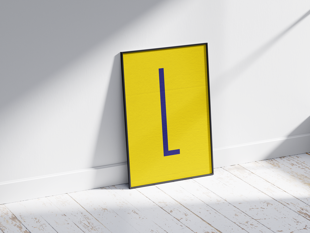 Bold and high-contrast alphabet letter L poster, featuring a dark electric blue 'L' on a vibrant sunflower yellow background. Perfect modern wall art for offices, living rooms, or gallery walls with a graphic, confident, and Pop-Art aesthetic.