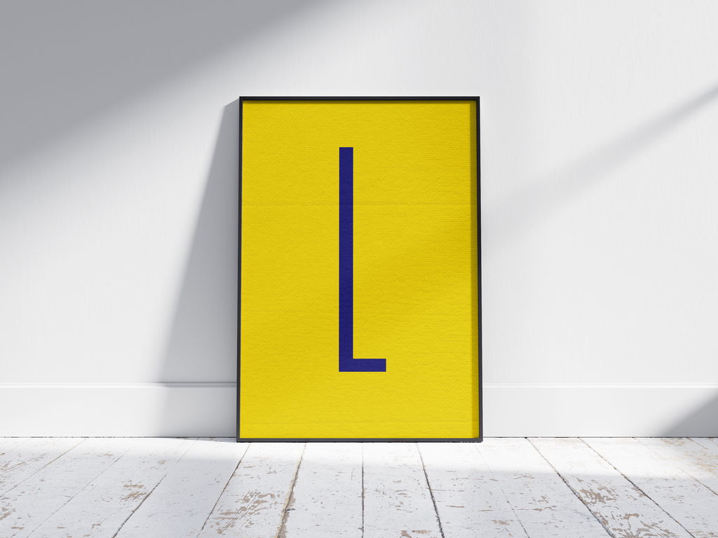 Bold and high-contrast alphabet letter L poster, featuring a dark electric blue 'L' on a vibrant sunflower yellow background. Perfect modern wall art for offices, living rooms, or gallery walls with a graphic, confident, and Pop-Art aesthetic.