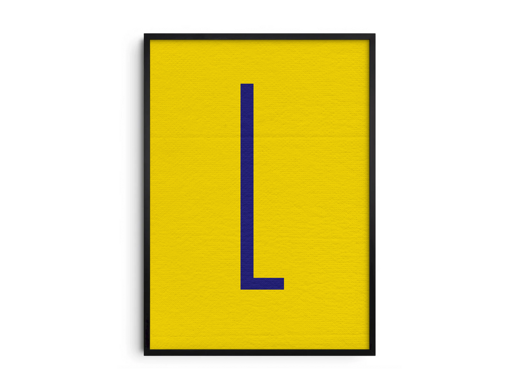 Bold and high-contrast alphabet letter L poster, featuring a dark electric blue 'L' on a vibrant sunflower yellow background. Perfect modern wall art for offices, living rooms, or gallery walls with a graphic, confident, and Pop-Art aesthetic.
