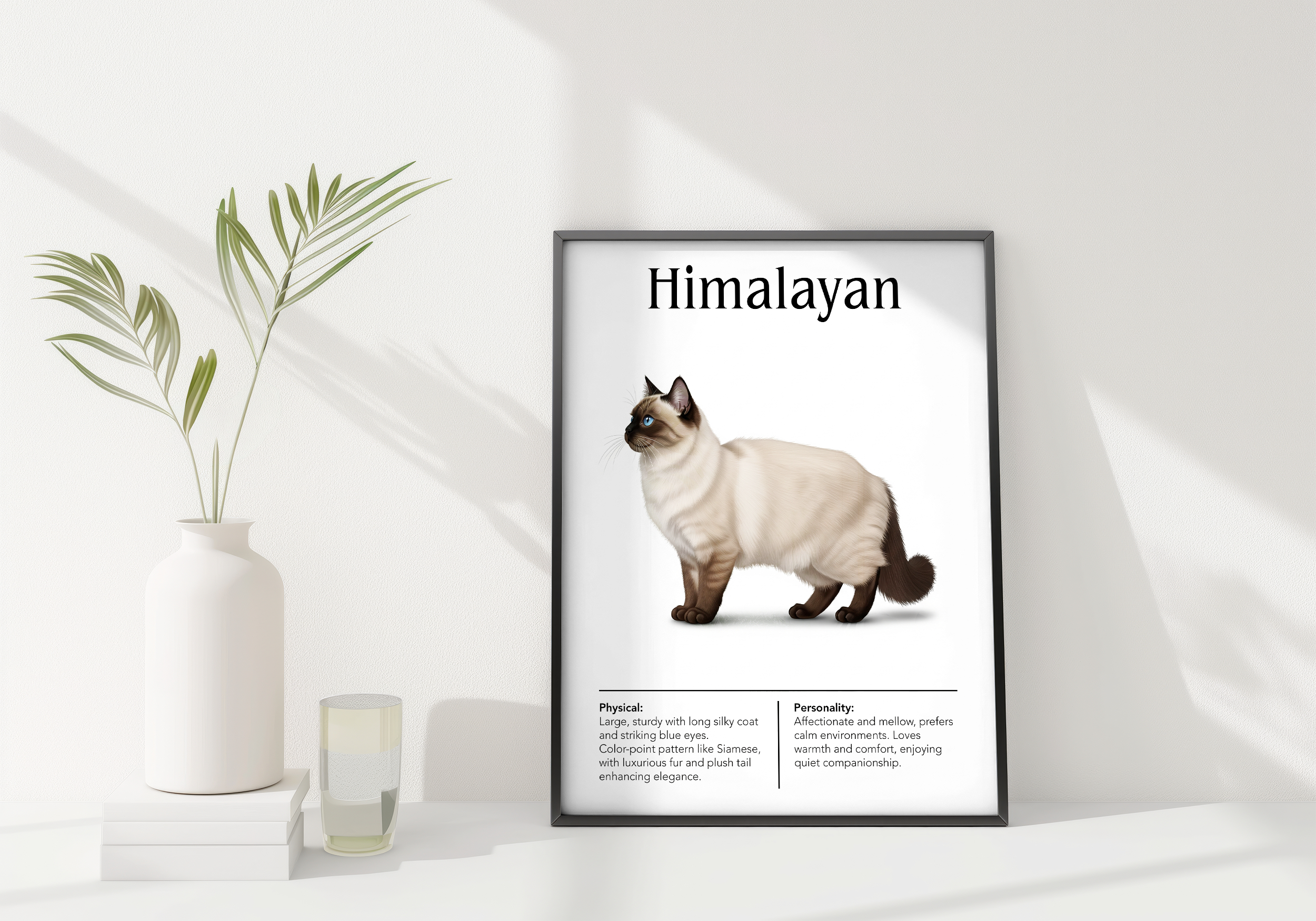 A black-framed poster of a seal point Himalayan cat with striking blue eyes, placed on a white surface next to a white vase with leaves and a small stack of books.