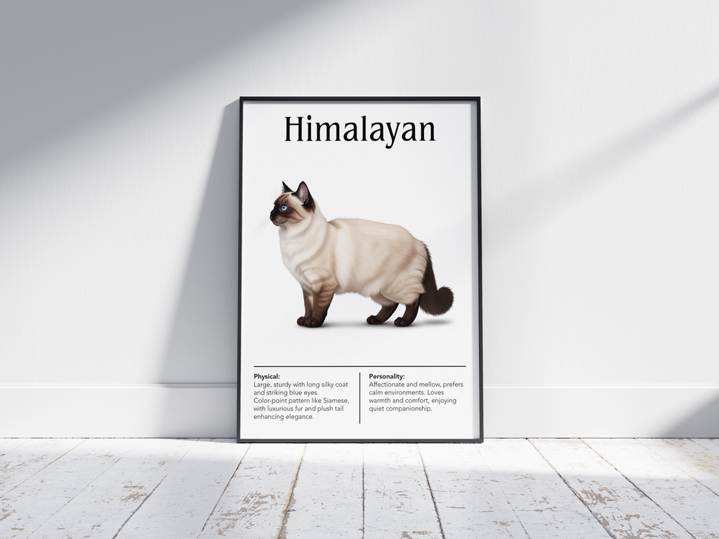 Elegant Himalayan cat breed poster featuring a detailed illustration of the cat with blue eyes and a color-point coat, printed on semi-gloss sustainable paper. Perfect wall art for living rooms, bedrooms, or classic interiors with a calm and refined aesthetic.
