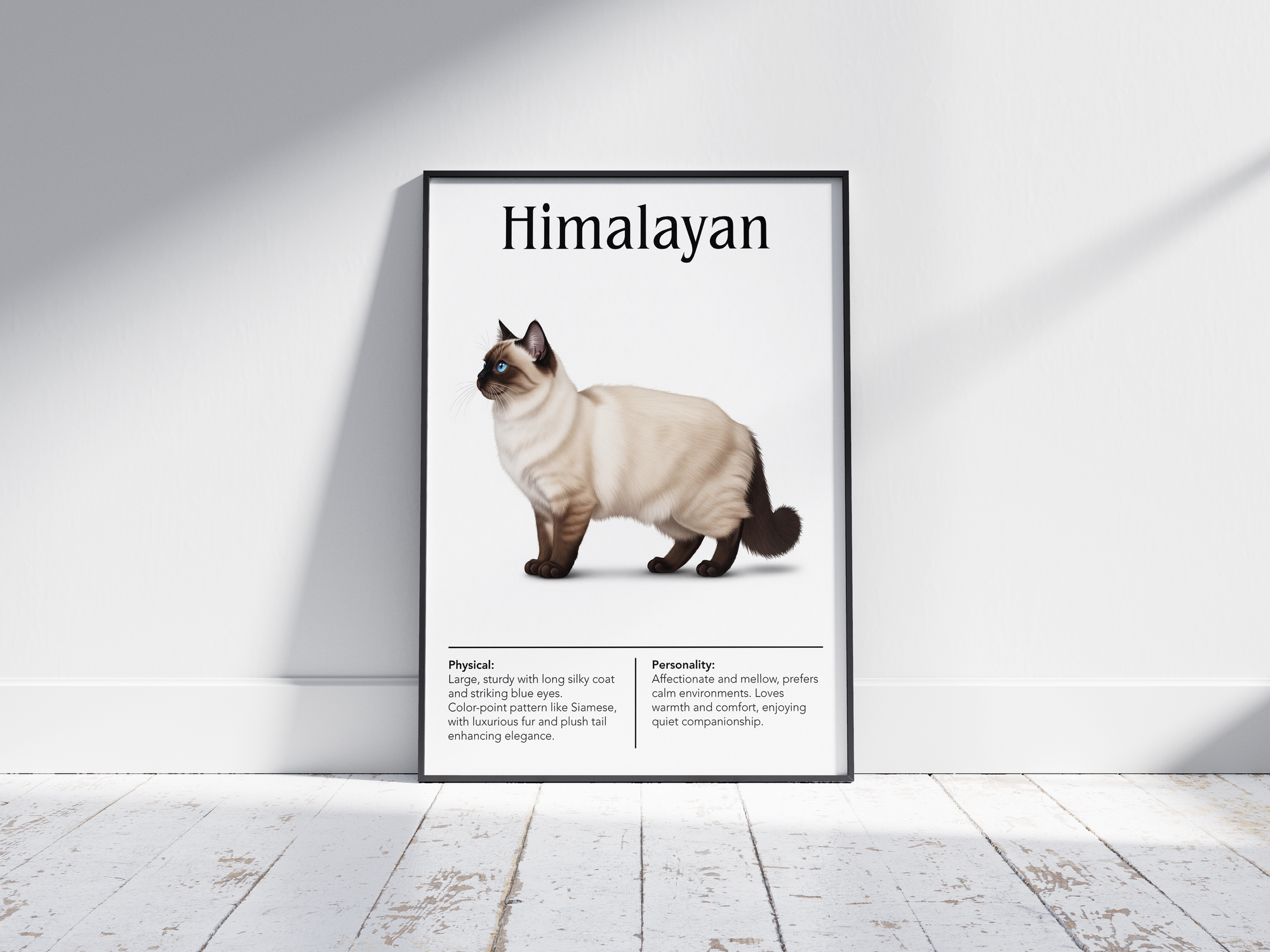 Elegant Himalayan cat breed poster featuring a detailed illustration of the cat with blue eyes and a color-point coat, printed on semi-gloss sustainable paper. Perfect wall art for living rooms, bedrooms, or classic interiors with a calm and refined aesthetic.