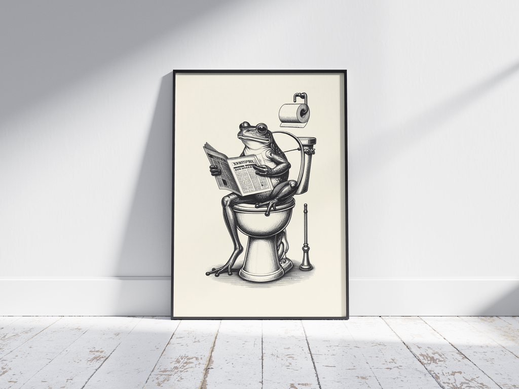 Charming black and white art poster featuring a frog sitting on a toilet reading a newspaper, printed on semi-gloss sustainable paper. Perfect humorous wall art for bathrooms, powder rooms, or unique home decor with a quirky and vintage aesthetic.