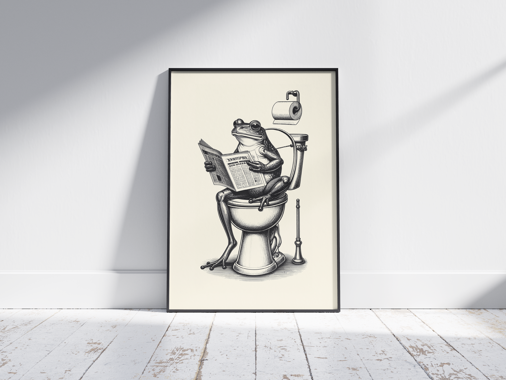 Charming black and white art poster featuring a frog sitting on a toilet reading a newspaper, printed on semi-gloss sustainable paper. Perfect humorous wall art for bathrooms, powder rooms, or unique home decor with a quirky and vintage aesthetic.