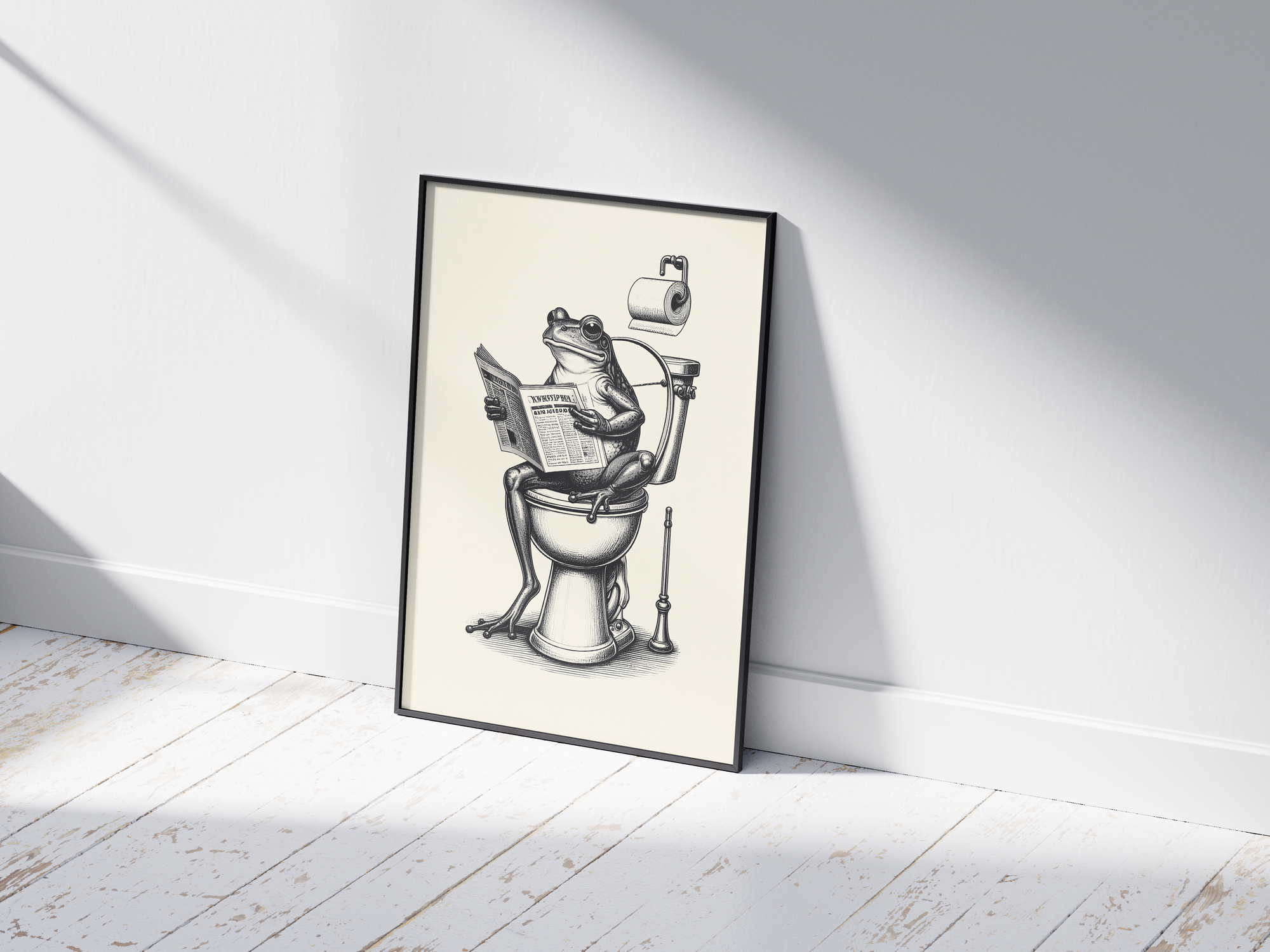 Charming black and white art poster featuring a frog sitting on a toilet reading a newspaper, printed on semi-gloss sustainable paper. Perfect humorous wall art for bathrooms, powder rooms, or unique home decor with a quirky and vintage aesthetic.