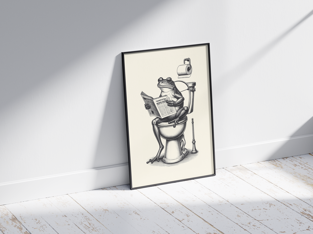 Charming black and white art poster featuring a frog sitting on a toilet reading a newspaper, printed on semi-gloss sustainable paper. Perfect humorous wall art for bathrooms, powder rooms, or unique home decor with a quirky and vintage aesthetic.