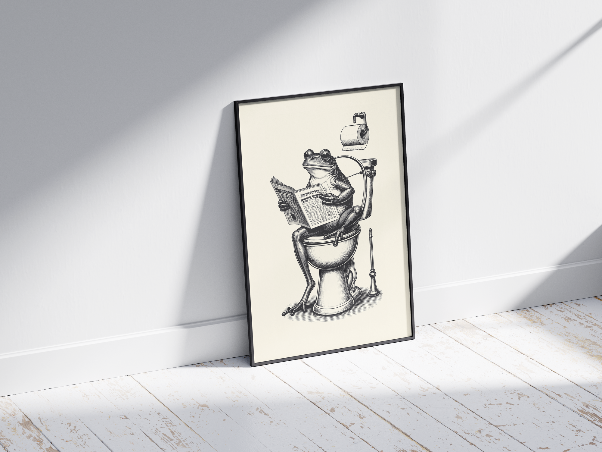 Charming black and white art poster featuring a frog sitting on a toilet reading a newspaper, printed on semi-gloss sustainable paper. Perfect humorous wall art for bathrooms, powder rooms, or unique home decor with a quirky and vintage aesthetic.