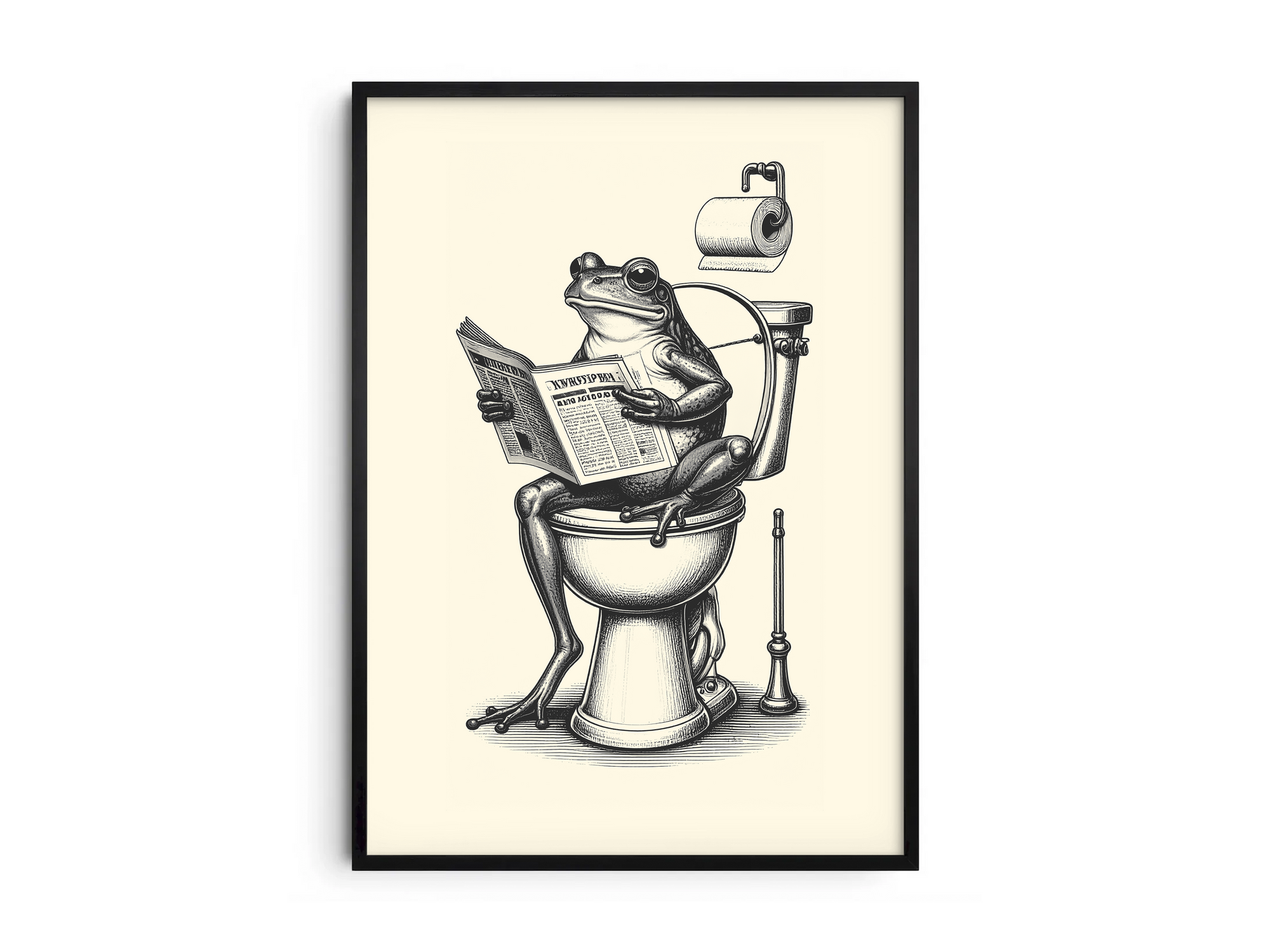 Charming black and white art poster featuring a frog sitting on a toilet reading a newspaper, printed on semi-gloss sustainable paper. Perfect humorous wall art for bathrooms, powder rooms, or unique home decor with a quirky and vintage aesthetic.