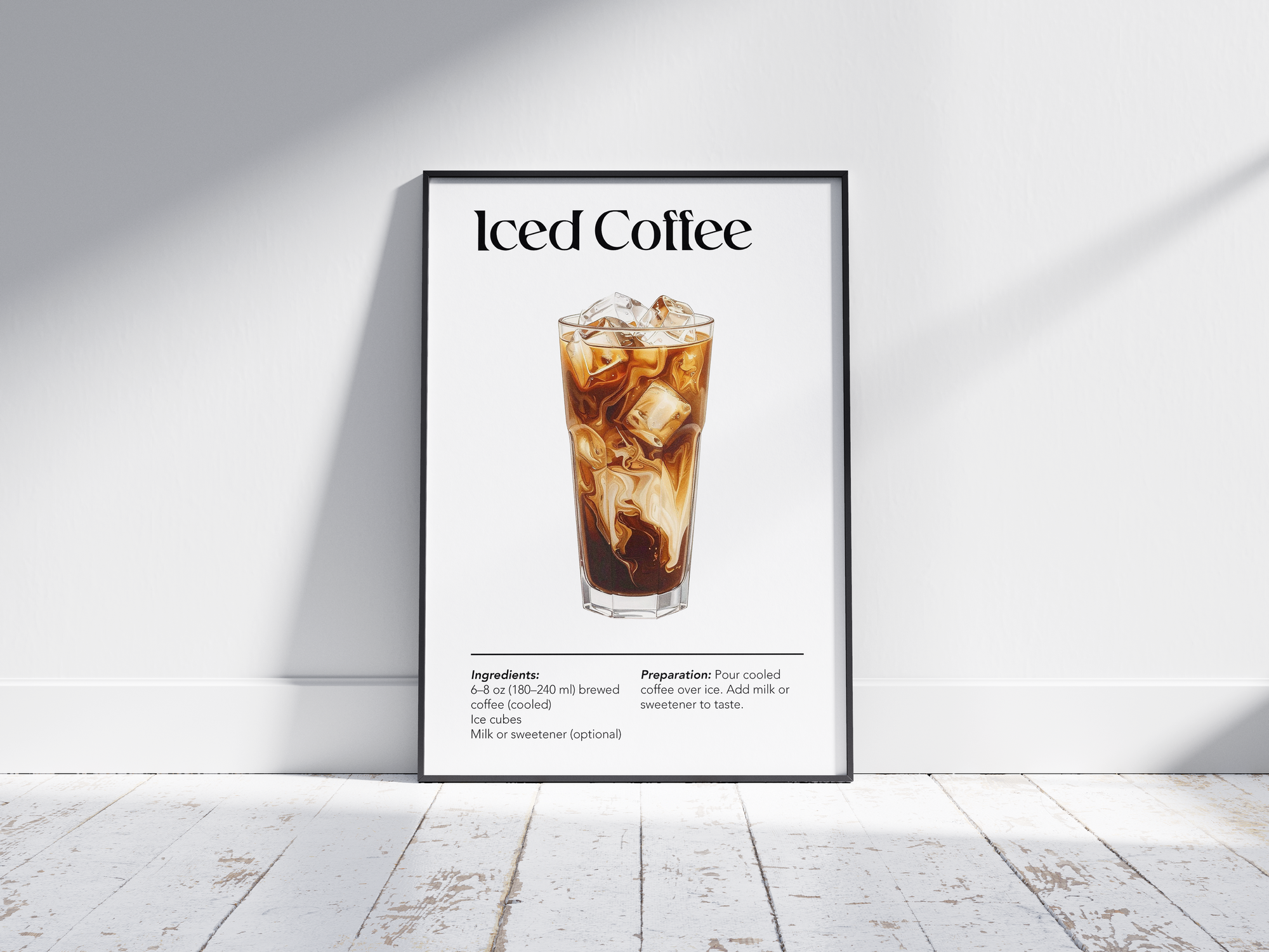 Minimalist Iced Coffee art poster featuring a detailed illustration of the drink with its recipe, printed on semi-gloss sustainable paper. Perfect wall art for kitchens, coffee bars, or modern interiors with a fresh and inviting aesthetic.