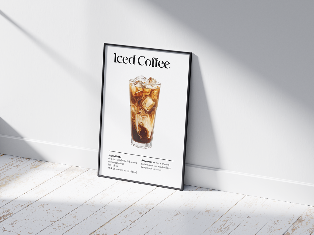 Minimalist Iced Coffee art poster featuring a detailed illustration of the drink with its recipe, printed on semi-gloss sustainable paper. Perfect wall art for kitchens, coffee bars, or modern interiors with a fresh and inviting aesthetic.
