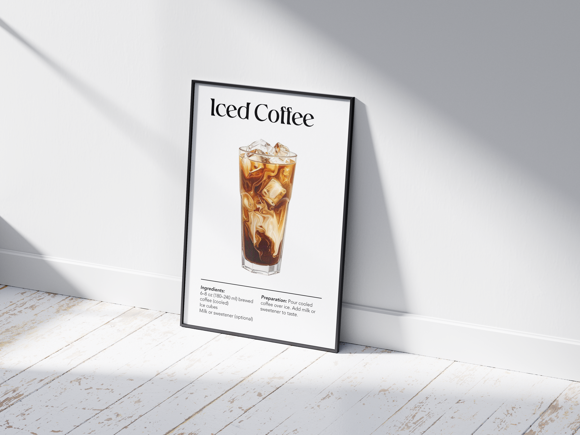 Minimalist Iced Coffee art poster featuring a detailed illustration of the drink with its recipe, printed on semi-gloss sustainable paper. Perfect wall art for kitchens, coffee bars, or modern interiors with a fresh and inviting aesthetic.