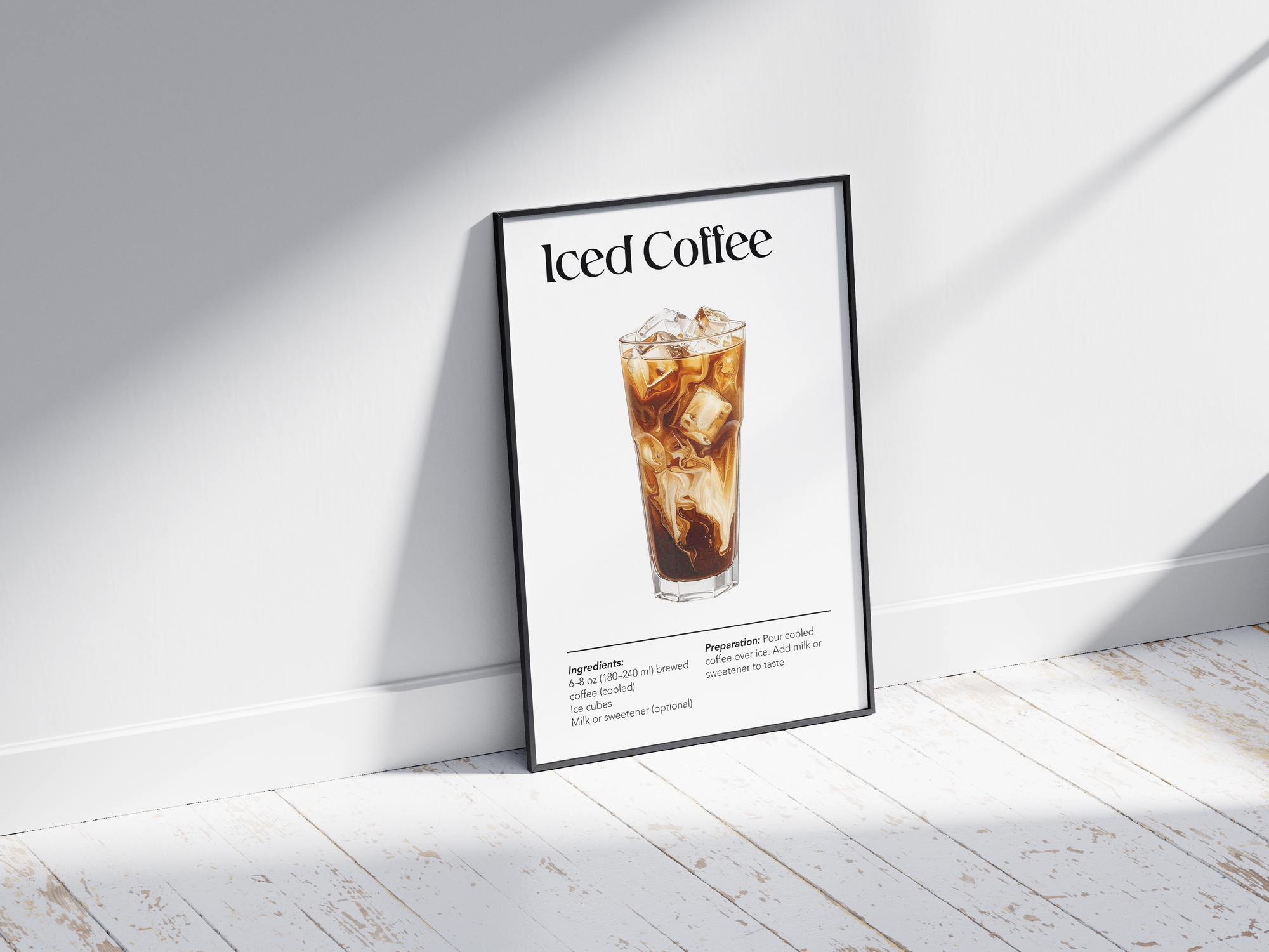 Minimalist Iced Coffee art poster featuring a detailed illustration of the drink with its recipe, printed on semi-gloss sustainable paper. Perfect wall art for kitchens, coffee bars, or modern interiors with a fresh and inviting aesthetic.