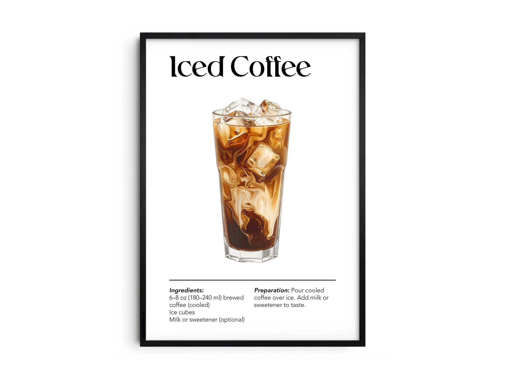 Minimalist Iced Coffee art poster featuring a detailed illustration of the drink with its recipe, printed on semi-gloss sustainable paper. Perfect wall art for kitchens, coffee bars, or modern interiors with a fresh and inviting aesthetic.