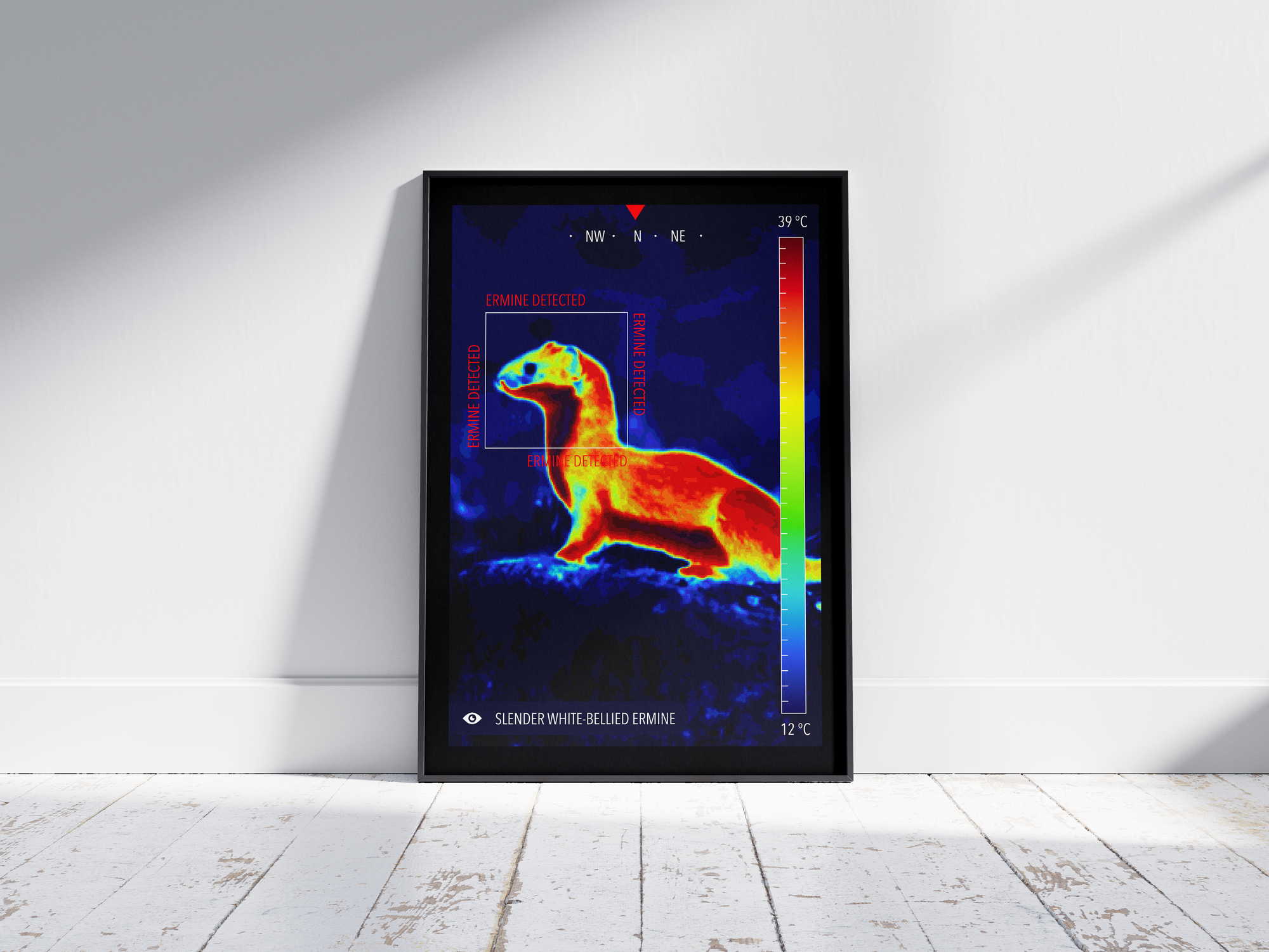 Modern infrared ermine poster featuring a winter ermine in vivid thermal colors, printed on semi-gloss paper. Perfect wall art for science enthusiasts, modern homes, or gallery walls with a unique, wildlife aesthetic.