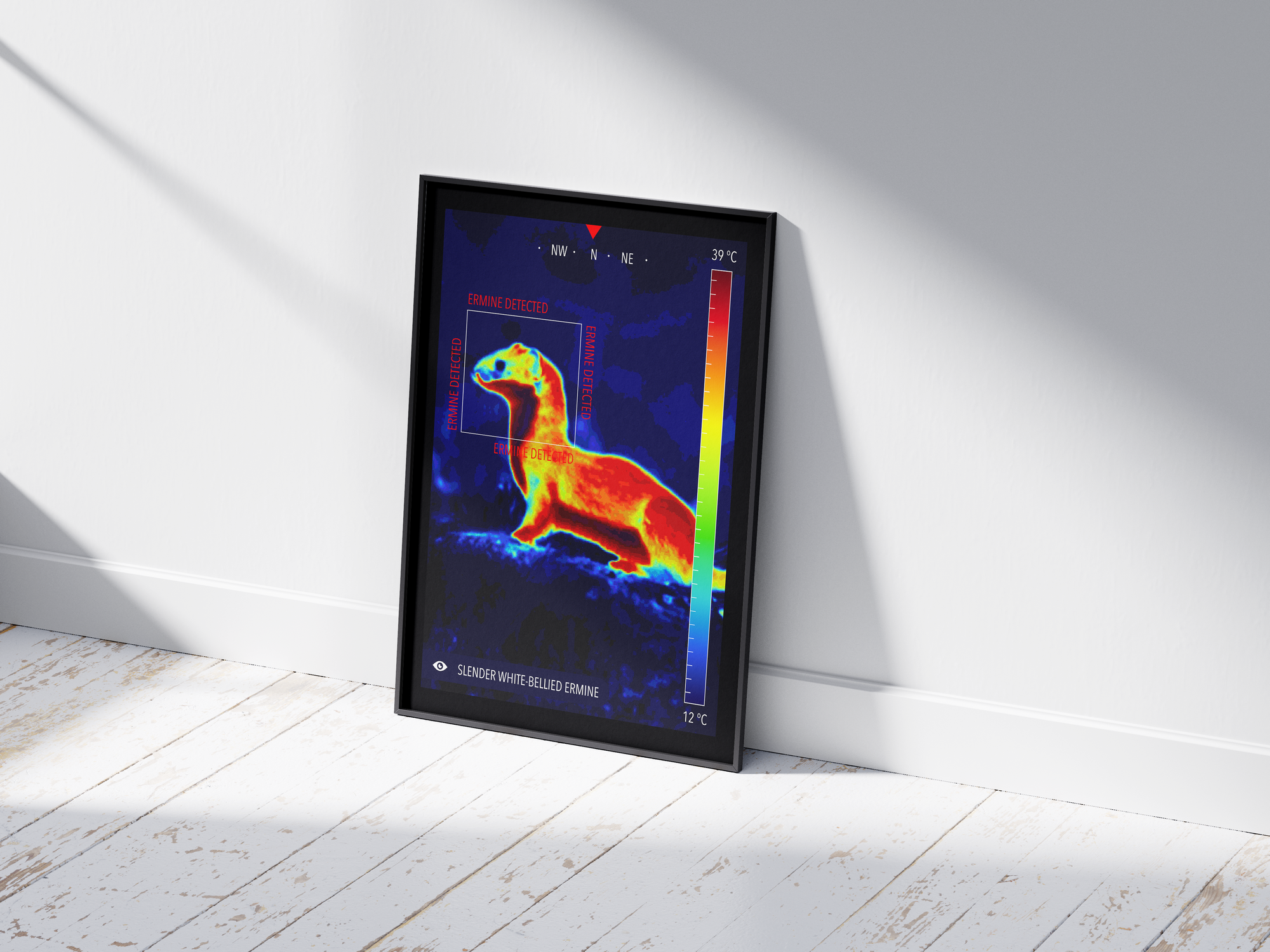 Modern infrared ermine poster featuring a winter ermine in vivid thermal colors, printed on semi-gloss paper. Perfect wall art for science enthusiasts, modern homes, or gallery walls with a unique, wildlife aesthetic.