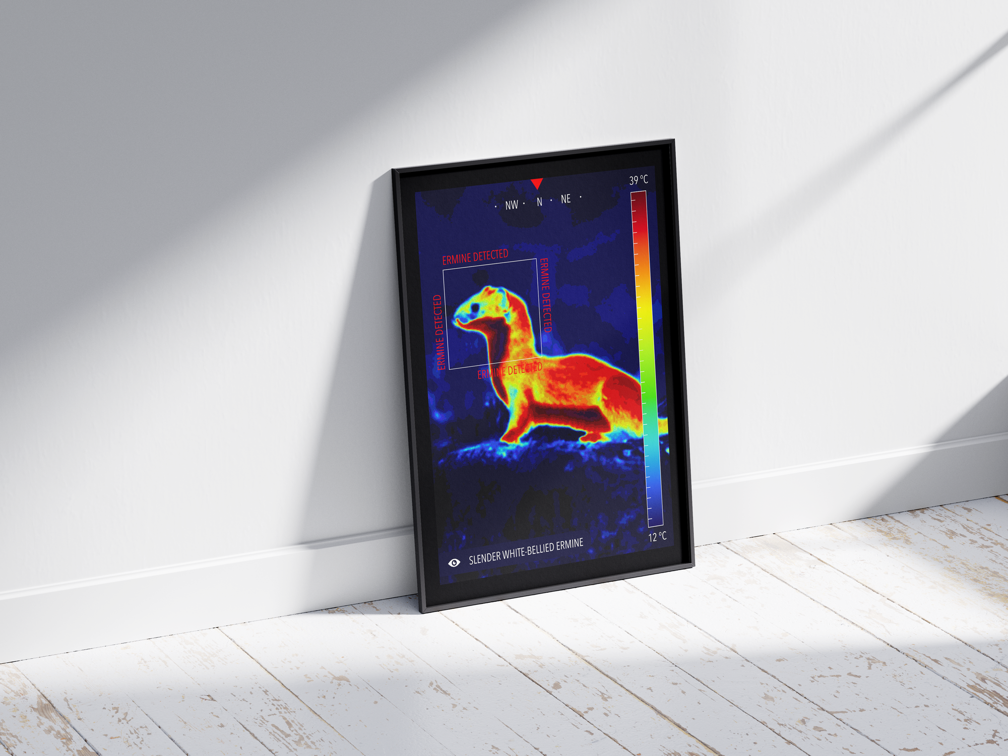 Modern infrared ermine poster featuring a winter ermine in vivid thermal colors, printed on semi-gloss paper. Perfect wall art for science enthusiasts, modern homes, or gallery walls with a unique, wildlife aesthetic.