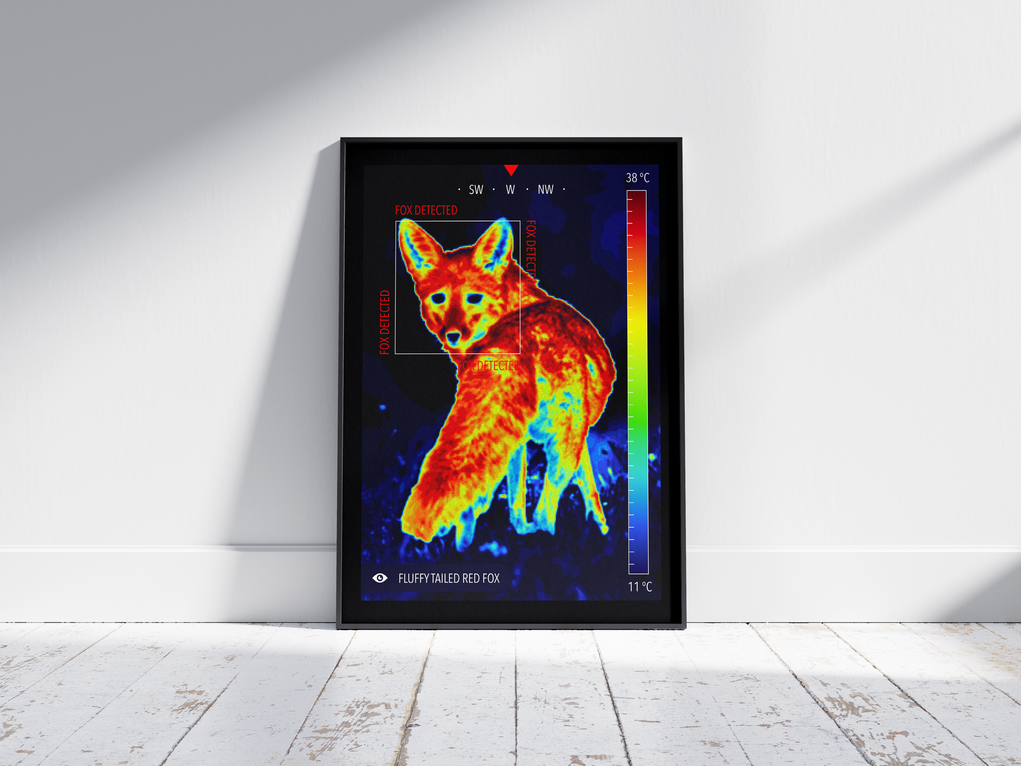Modern infrared fluffy fox poster featuring a detailed wildlife illustration in vibrant thermal colors, printed on semi-gloss paper. Perfect wall art for living rooms, dens, or modern interiors with a unique, wild aesthetic.