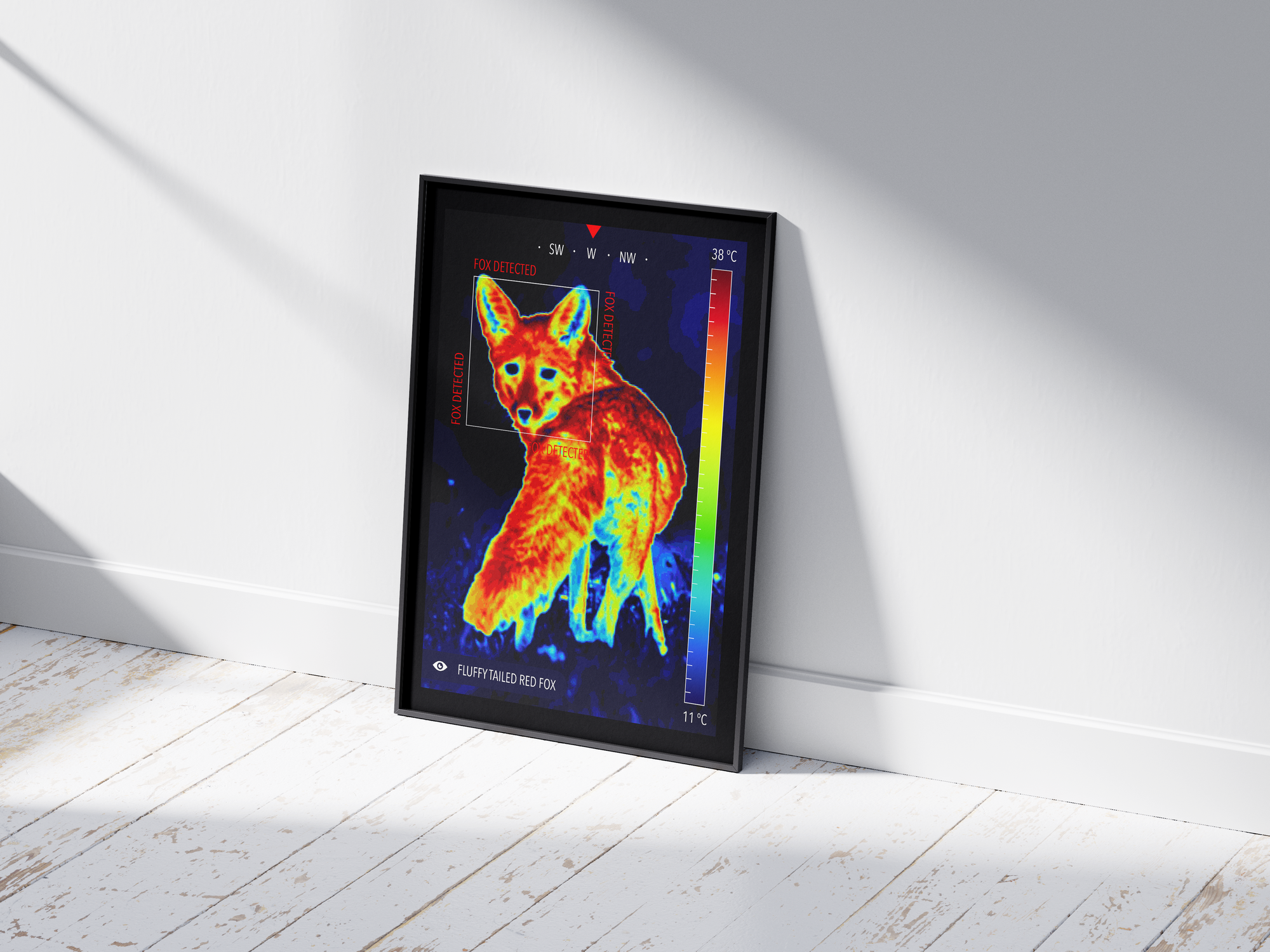 Modern infrared fluffy fox poster featuring a detailed wildlife illustration in vibrant thermal colors, printed on semi-gloss paper. Perfect wall art for living rooms, dens, or modern interiors with a unique, wild aesthetic.